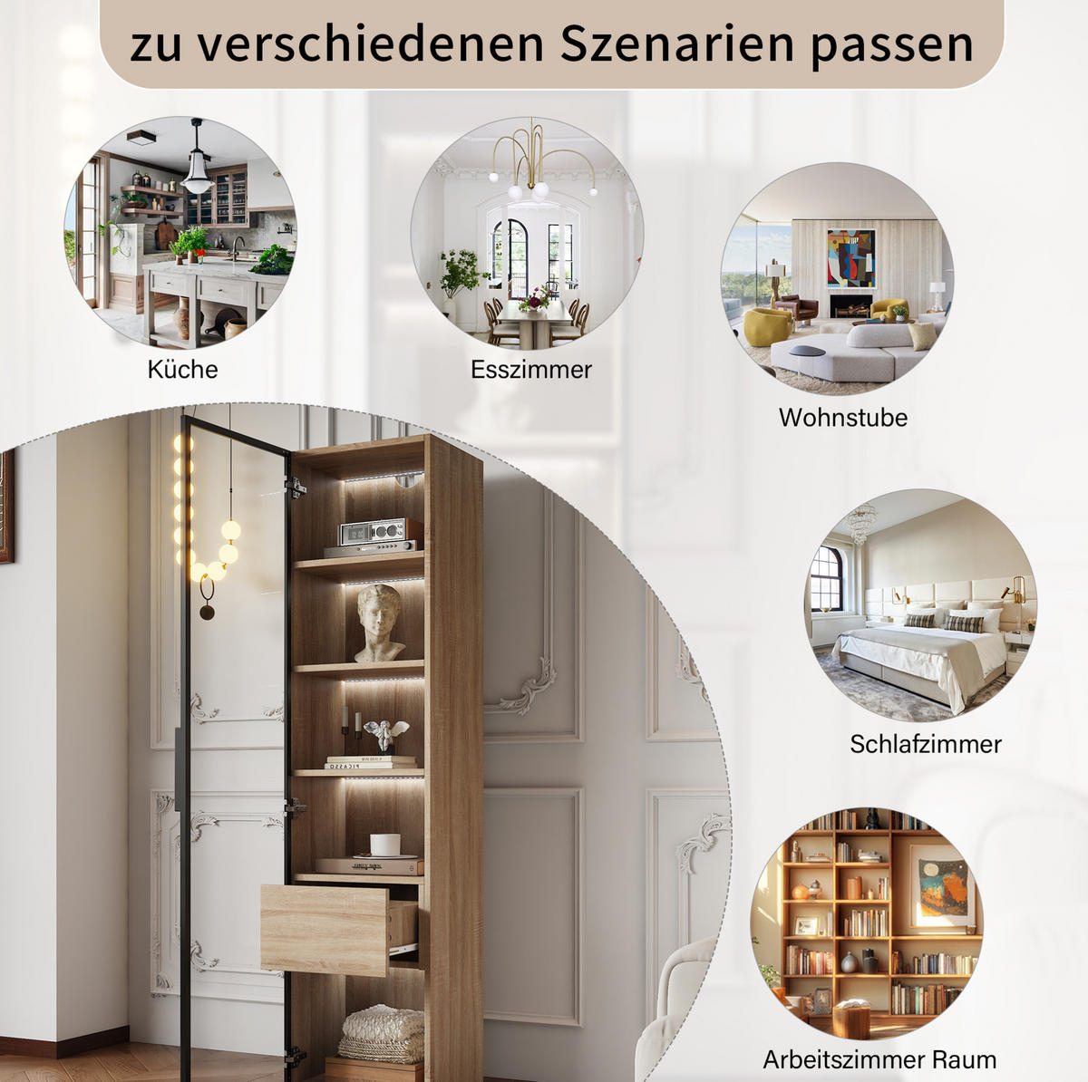 HOCHSCHRANK 40 cm aus MDF mit Lichtleiste und Glastür Naturfarben - Naturfarben, Holzwerkstoff (40/165/34.5cm) - Modenvie