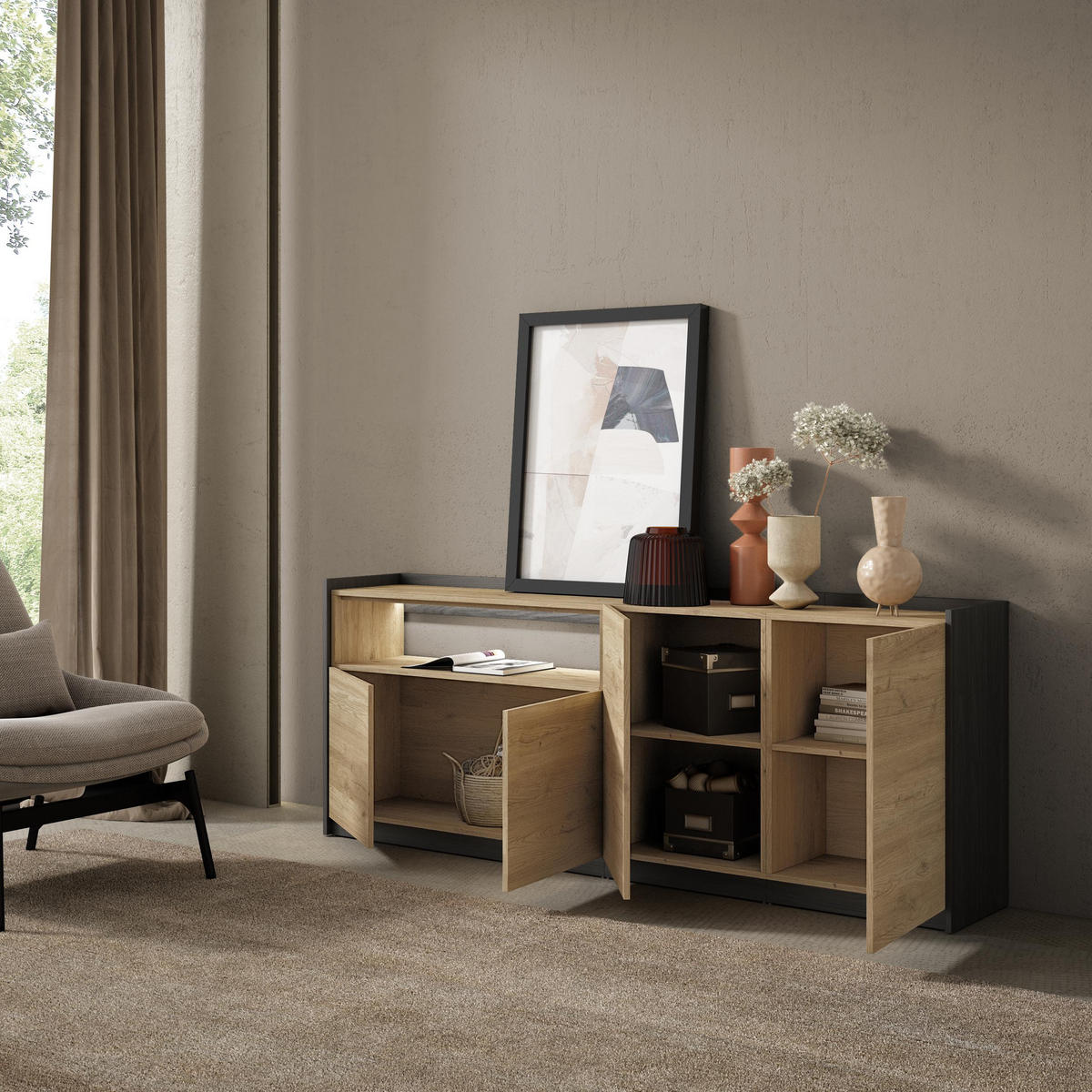 SIDEBOARD, Eiche und Schwarz, 207/37/80cm, mit Led - Eichefarben, Holzwerkstoff (207/80/37cm) - Skraut Home