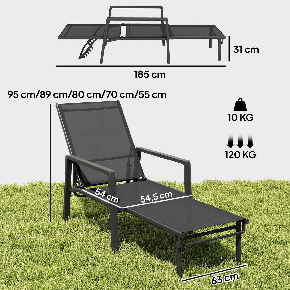 SONNENLIEGE Klappbar tragbar Gartenliege mit ausziehbarer Fußstütze 5-fach Verstellbar Rückenlehne Atmungsaktiv - Schwarz, Metall (185/55/63cm)