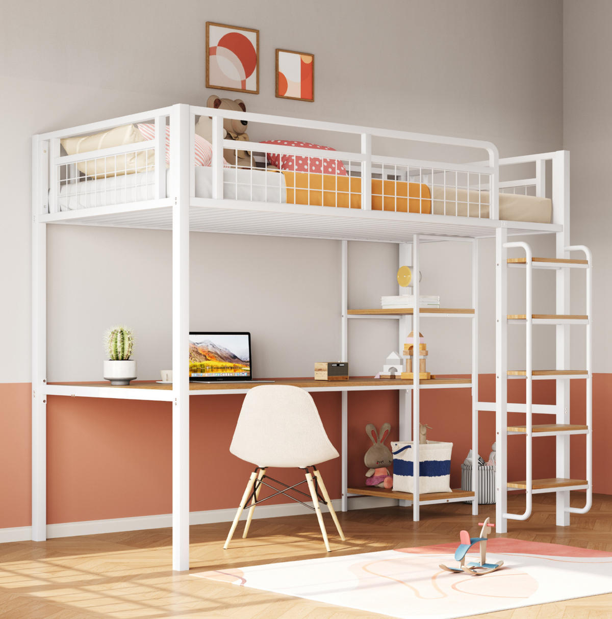 HOCHBETT 90/200 cm aus Metall mit Schreibtisch und Regalen Weiß - Weiß, Metall (90/200cm) - Modenvie
