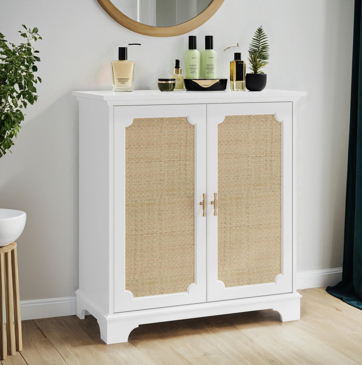 BADEZIMMERSCHRÄNKE 80x38x86 cm Weiß aus Rattan & Holzwerkstoff mit 2 Türen & Massivholzbeinen - Weiß, Holzwerkstoff (38/86/80cm) - Modfu