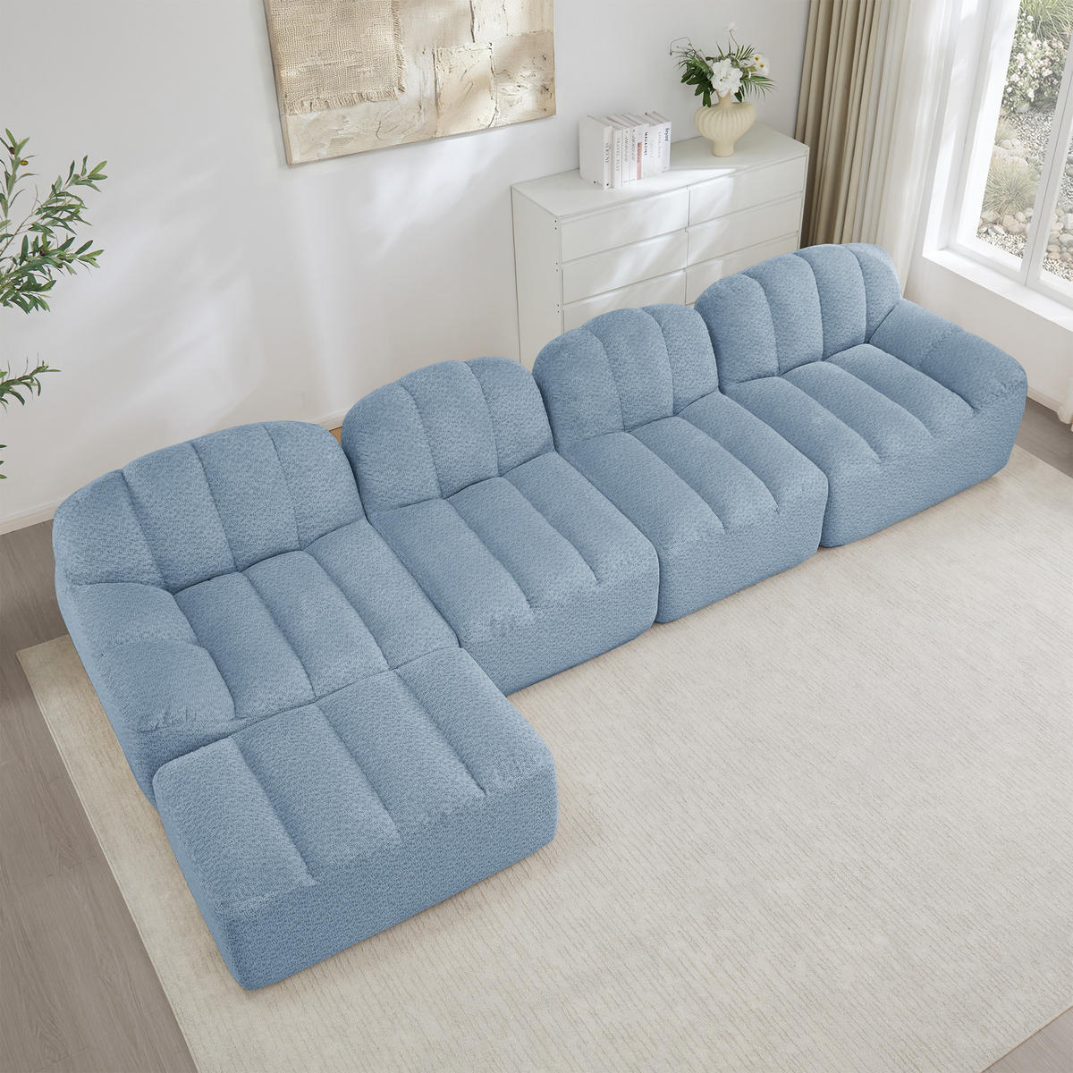 4-SITZER ECKSOFA Granulierter Fleece Blau mit Ottomane - Blau, Textil (366/165cm) - WISHDOR