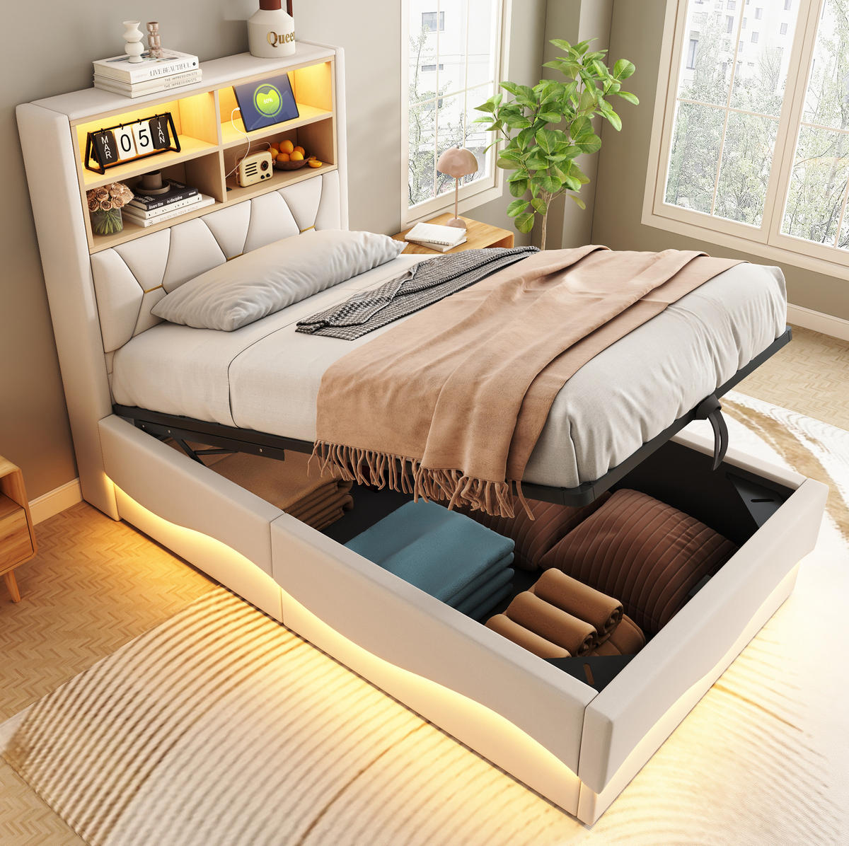 KINDERBETT 90/200 cm Beige aus Leinen und Metall mit LED-Beleuchtung und Stauraum - Beige, Metall (90/200cm) - OKMYHOME