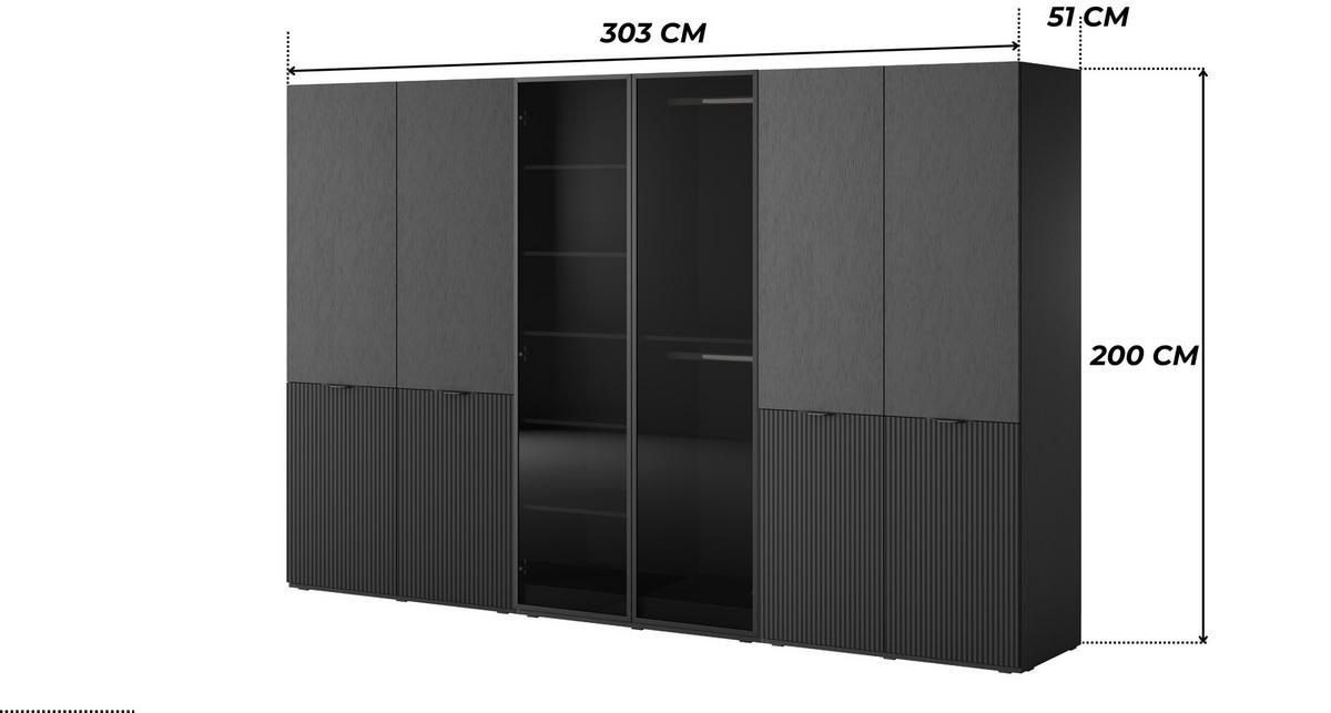 KLEIDERSCHRANK ZEN (Modular, Schwarz Matt, Schwarz & Getöntes Glas Antisol, 6-türig) - Schwarz, Holz/Holzwerkstoff (303/200/51cm) - Ravio