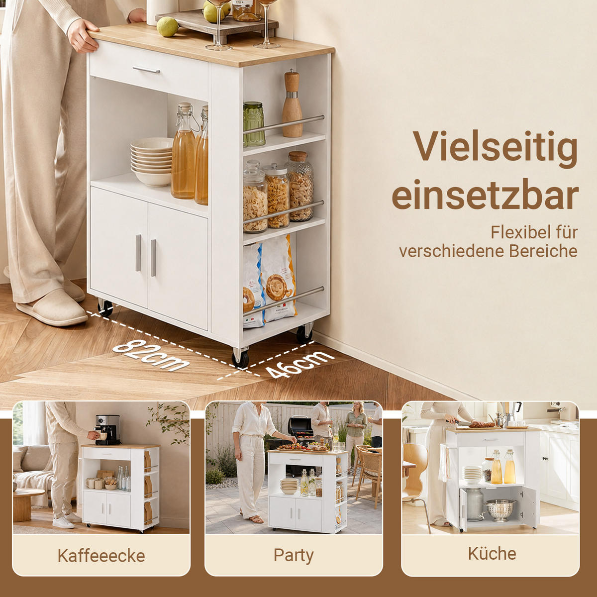 SERVIERWAGEN weiß mit Bremsrollen, 82 x 88 x 46 cm, Schublade, 3 Seitenregale, Handtuchhalter, für die Küche - Weiß, Holzwerkstoff (82/88/46cm) - SoBuy