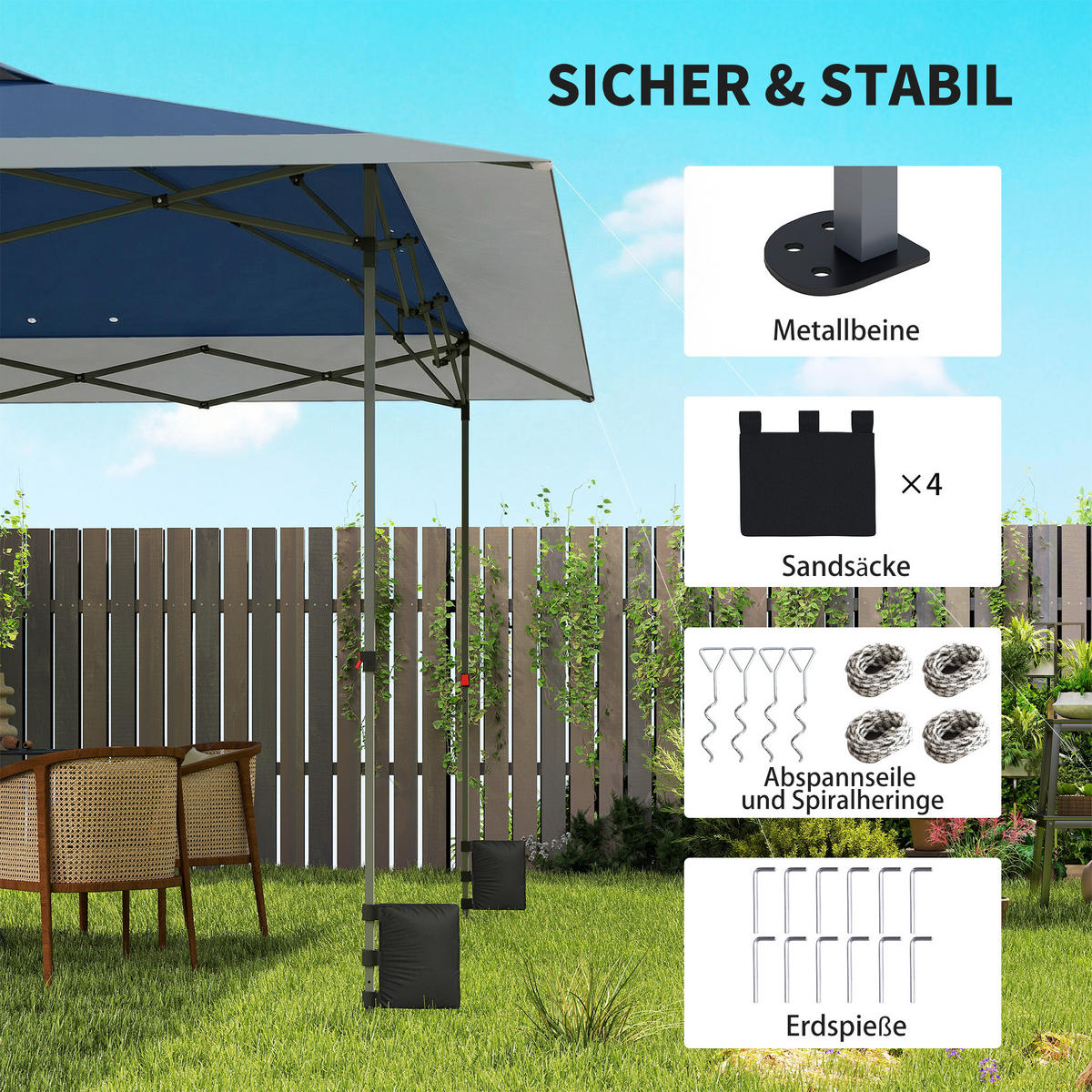 PAVILLON Dunkelblau 395/395/285 cm - Dunkelblau/Grau, Metall (395/285/395cm) - Outsunny