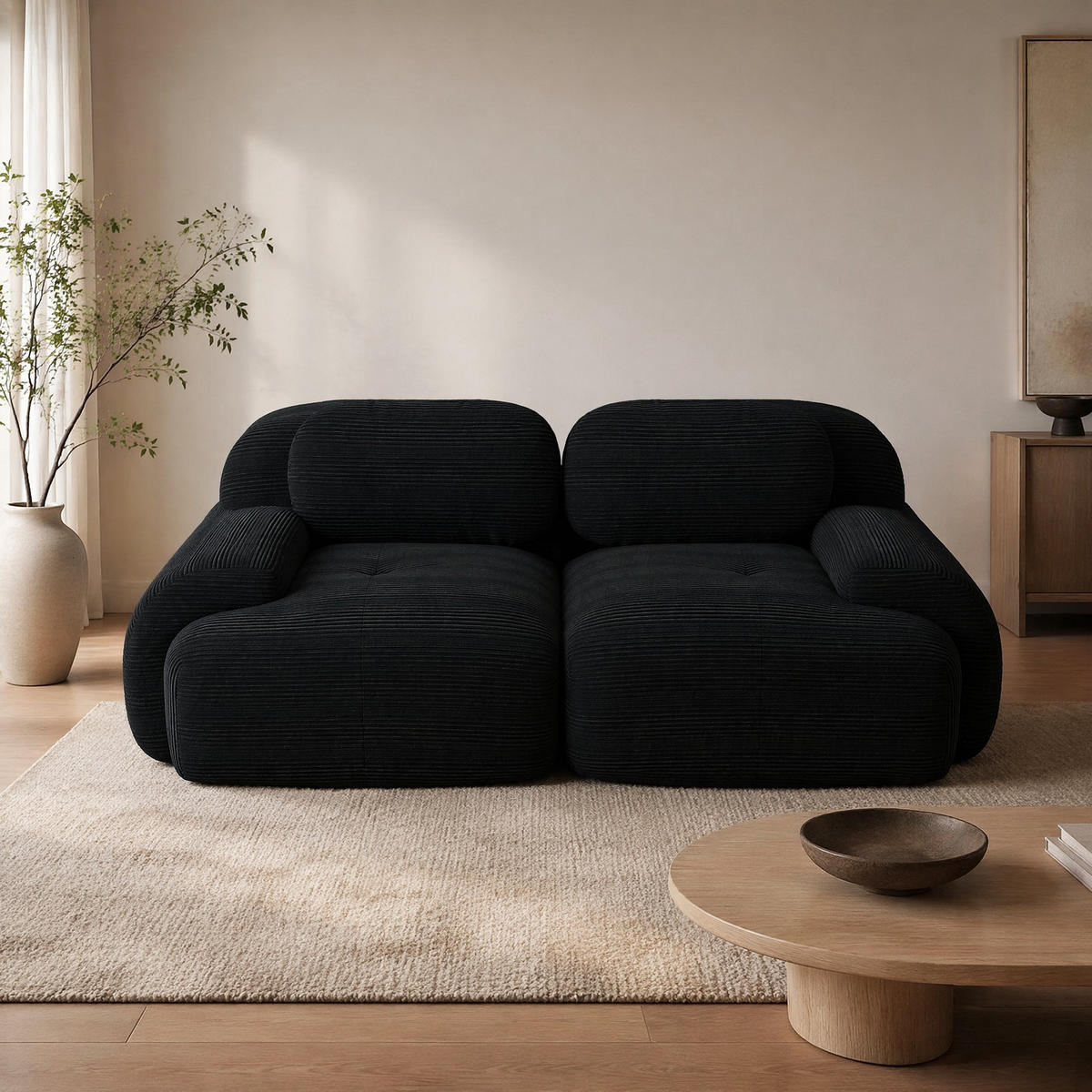 SOFA 2-Sitzer in Schwarz aus Cord mit modularem Design und geschwungenen Armlehnen - Schwarz, Textil (208/75/103cm) - CHICFURN