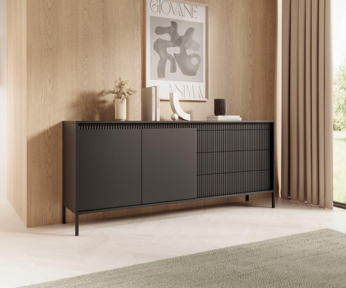 KOMMODE Schwarz 153 2D3S ENSO Gerillt - Schwarz, Holzwerkstoff (153.5/81.4/39.5cm) - Sepro Meble