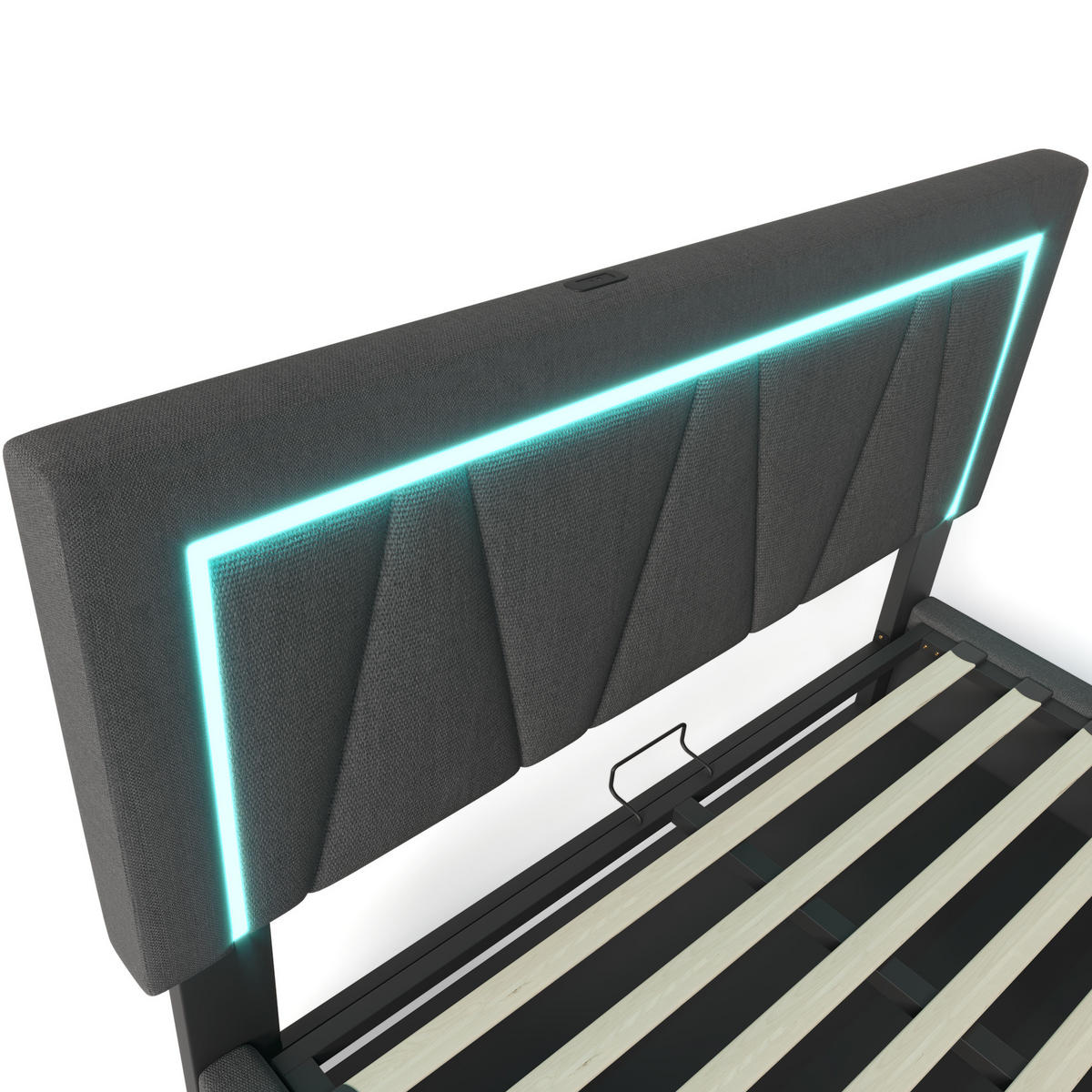 POLNJENA postelja iz lanu 160x200 cm siva z LED osvetlitvijo, USB in Type-C priključkom ter dvižnim prostorom za shranjevanje - siva, tekstil (160/200cm) - Modfu