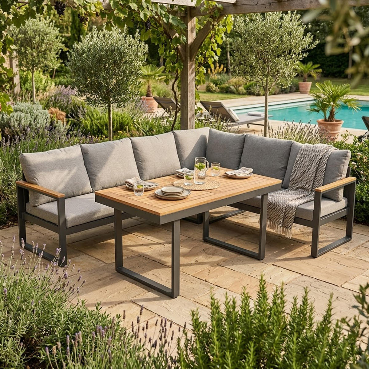 ECK-DININGSET Crawley (1x 3-sitzer Bank 187x65x71cm, 1x 3-sitzer Lounge mit Liegefunktion 187x65x71cm, 1x Tisch 140x70cm Tischplatte Akazie - Grau, Metall - TPFGarden