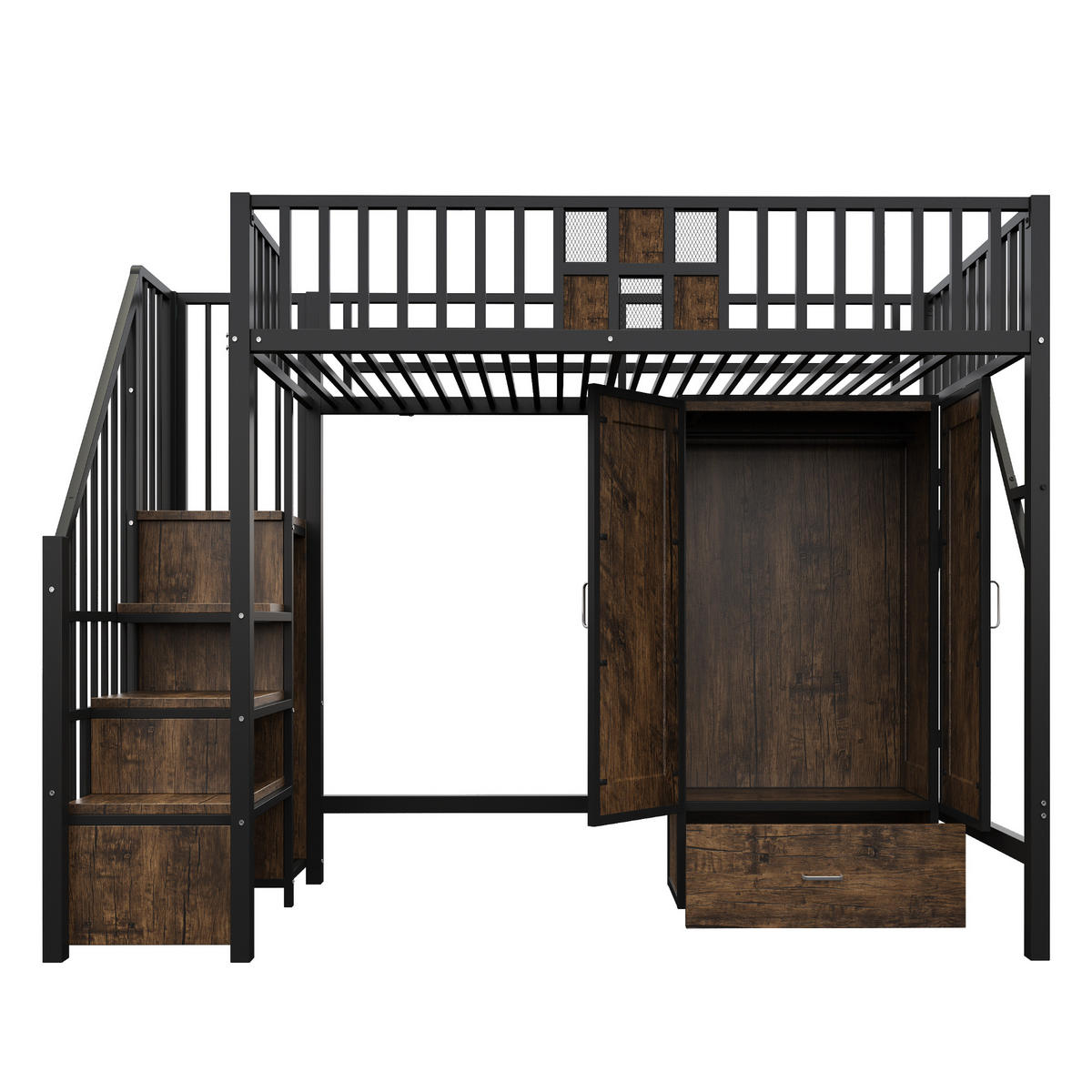 HOCHBETT 90/200 cm DE-01470, in Schwarz, mit Kleiderschrank, Schubladen und Aufbewahrungsleiter - Schwarz, Metall (90/200cm) - ComfortXL