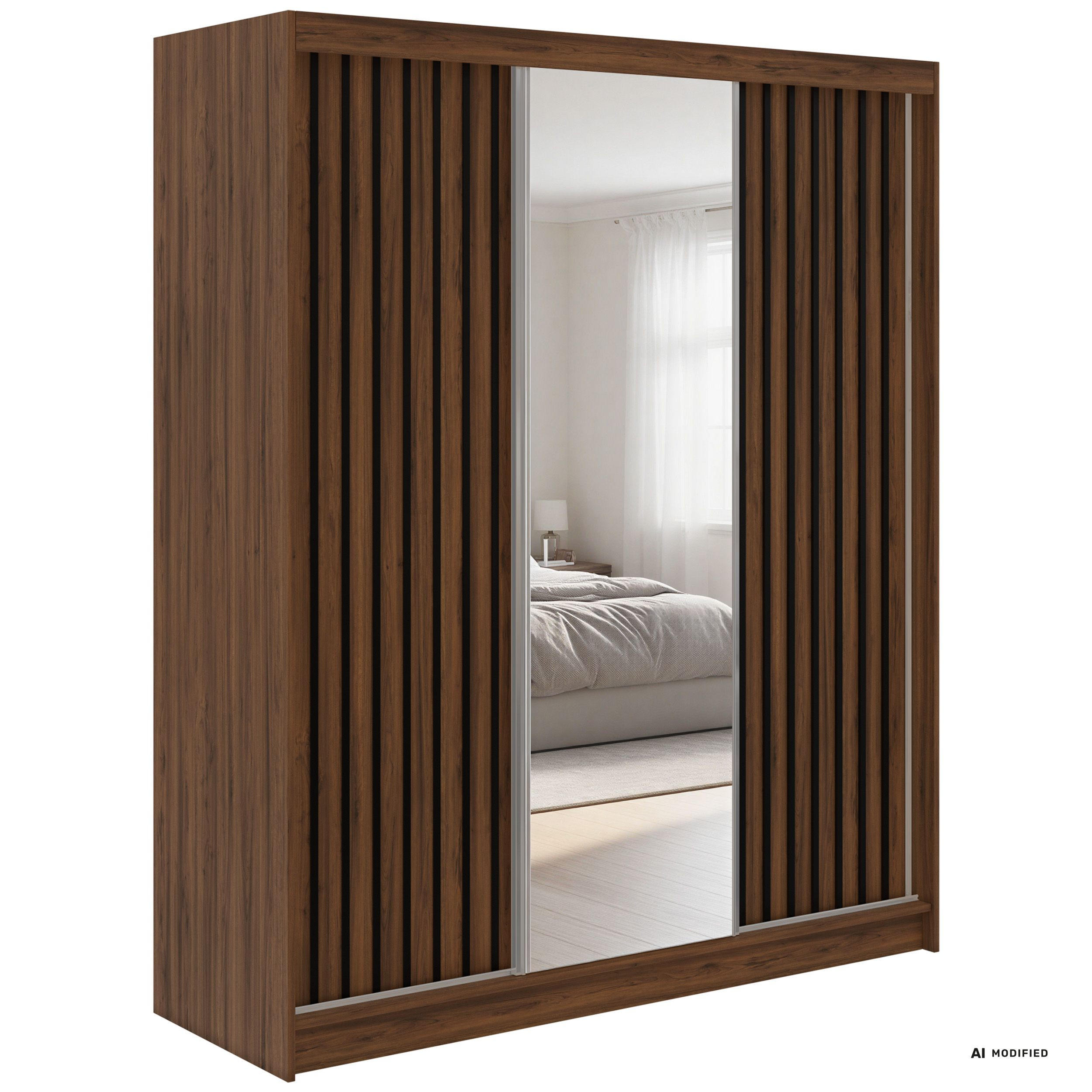 MKS Schwebetürenschrank Walnuss, Schwarz 180x216x61 cm