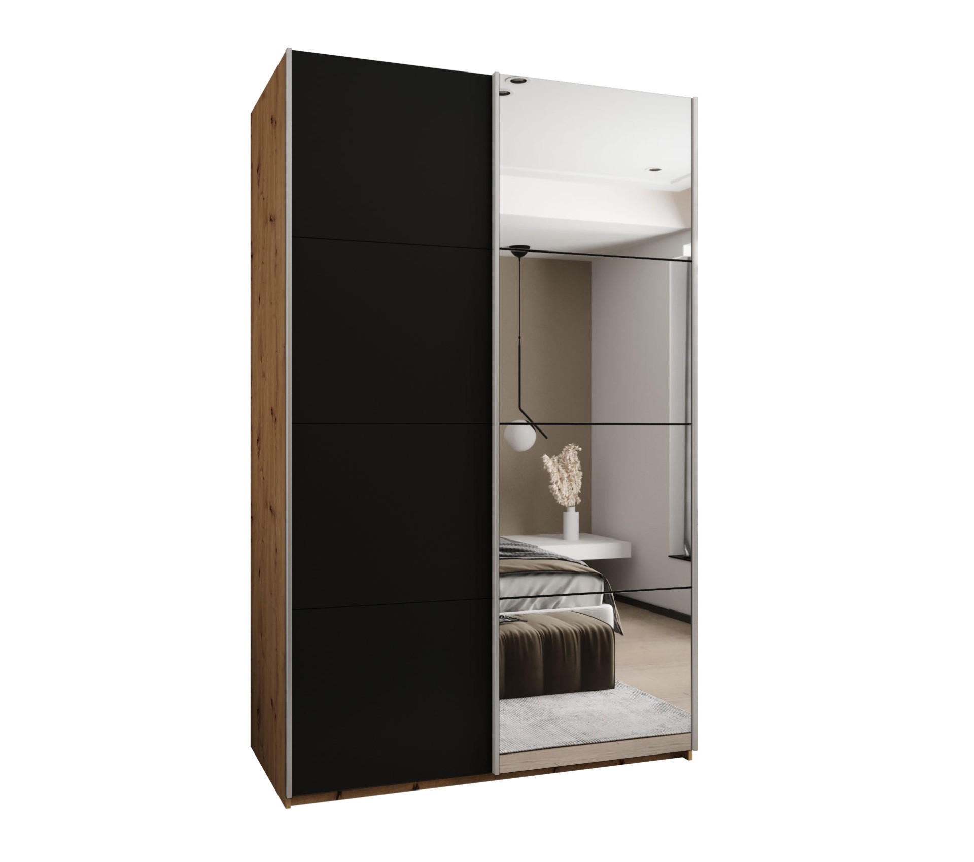 Abiks Möbel SCHWEBETÜRENSCHRANK Eiche Artisan, Schwarz, Silber 150cm × 64cm × 245cm