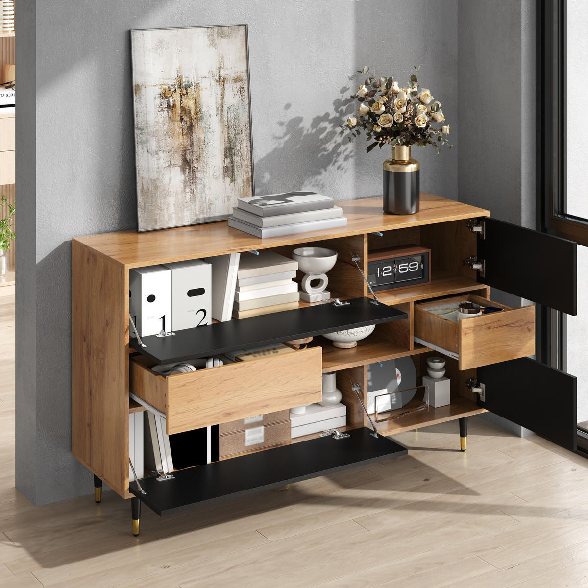 SIDEBOARD Holz Schwarz 2 Schubladen Türen Mittelfach Modern - Multicolor, Holzwerkstoff (140/84.5/40cm) - FLIEKS