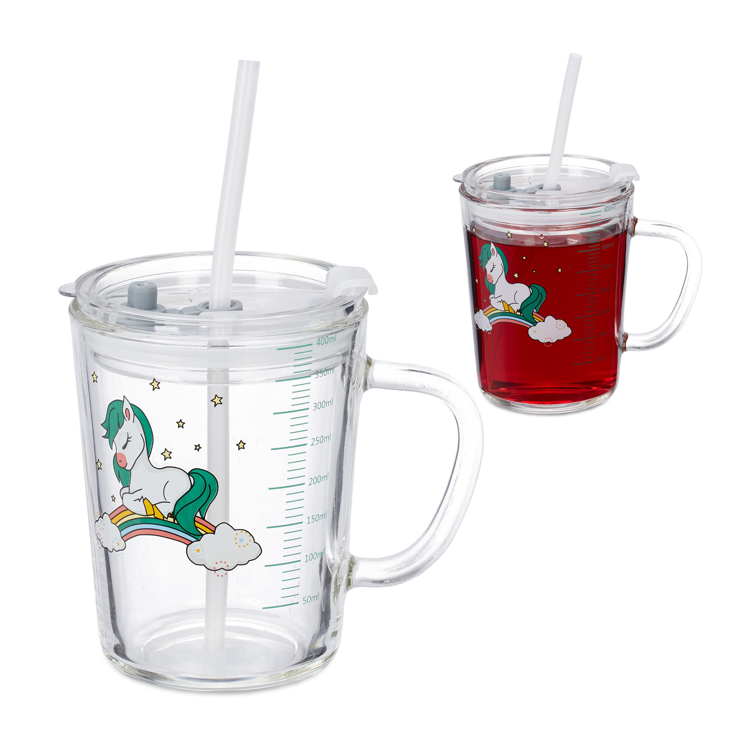 GLAS Transparent vit grön 2-pack för barn hästmotiv 400 ml - Transparent, Glas/Plast (0.4L) - Relaxdays