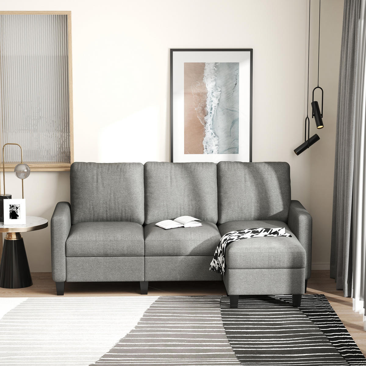 ECKSOFA Couch mit Wendbar Chaiselongue für Wohnzimmer, 197 x 139 x 91 cm - Hellgrau/Schwarz, Kunststoff/Textil (139/197cm) - HOMCOM