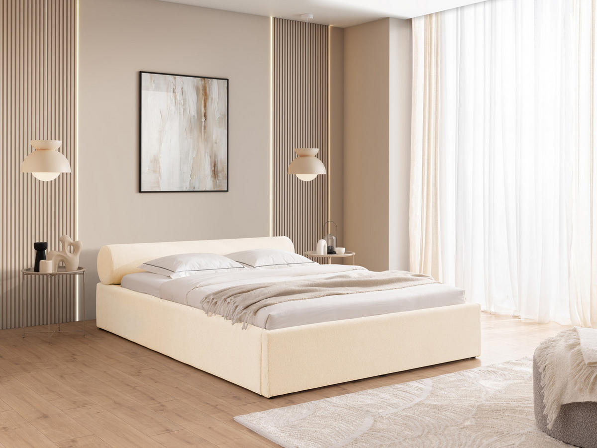 ČALOUNĚNÁ POSTEL 140/200 cm Josy v designovém vzhledu s úložným prostorem a lamelovým roštem, ze světle béžové chenille látky - černá/béžová, dřevo/textil (140/200cm) - S-Style Möbel