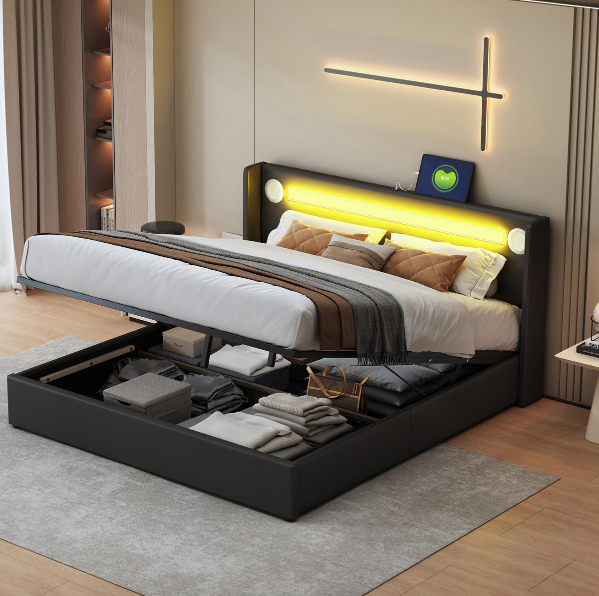 ČALÚNENÁ posteľ z PU kože 160x200 cm čierna s LED osvetlením, Bluetooth prehrávačom a USB nabíjaním - čierna, plast (160/200cm) - Modfu