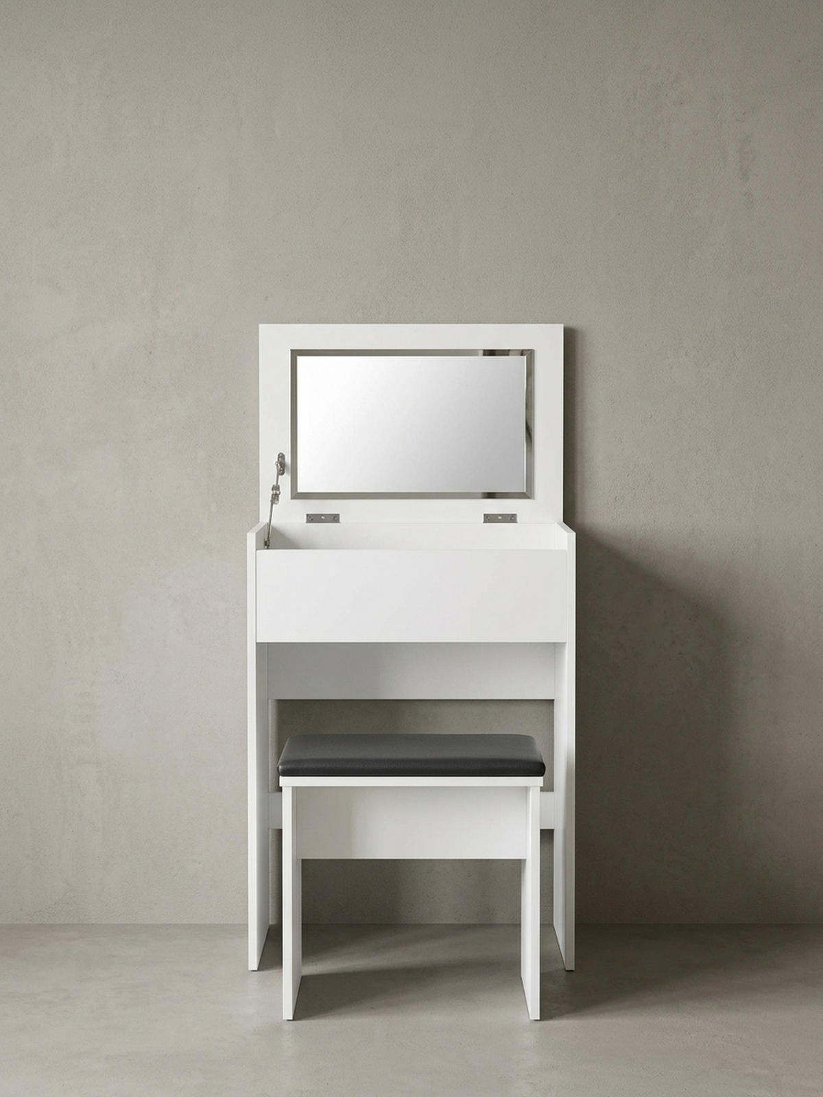 SCHMINKTISCH – Weiß, Klappspiegel & Hocker, Melaminharzbeschichtung, pflegeleicht & modern - Schwarz/Weiß, Holz/Textil (60/81/40cm) - KADIMA DESIGN