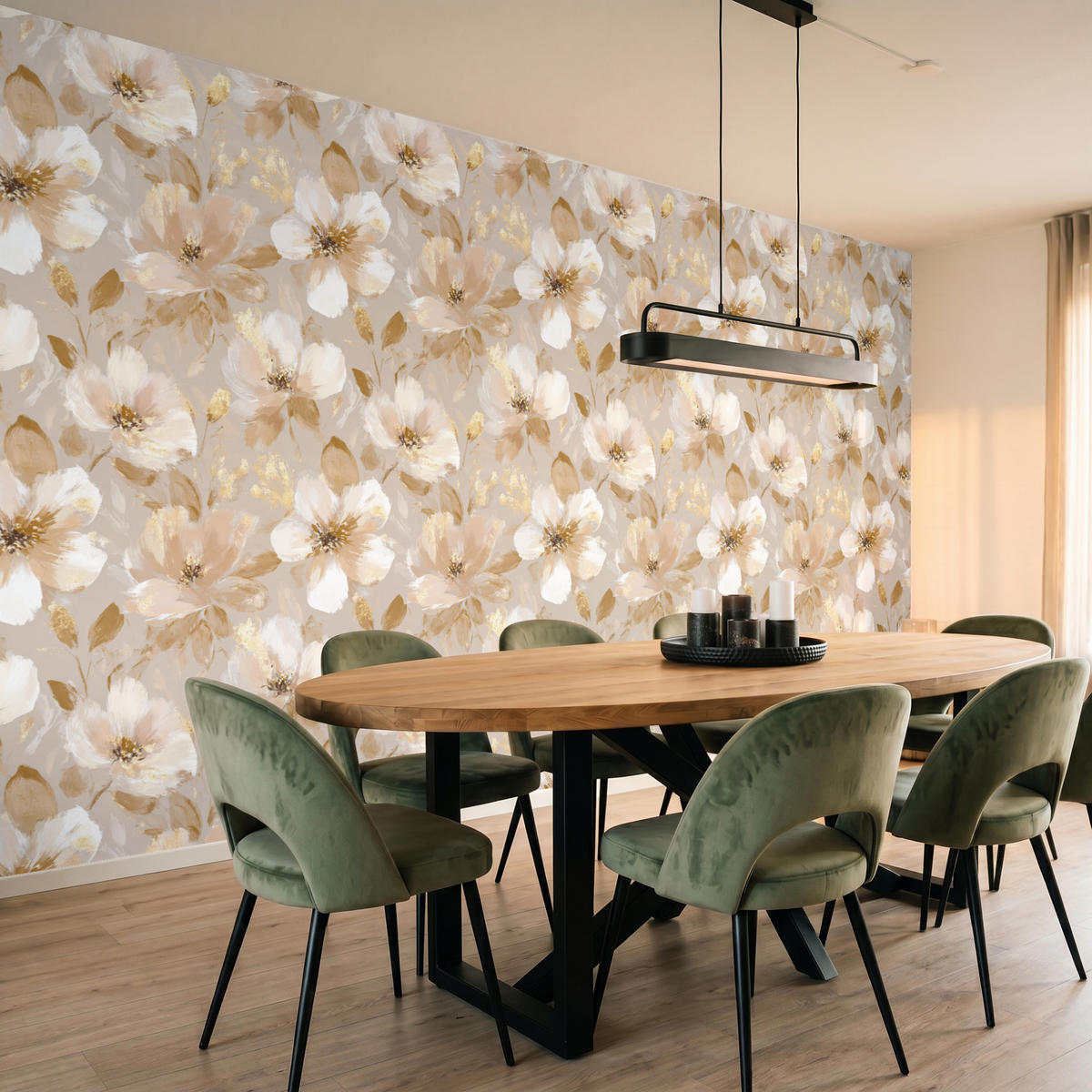 TAPETE - Blumen - künstlerisch - Gold - 400x220 cm - Beige, Papier (400/220cm) - OnlyWow
