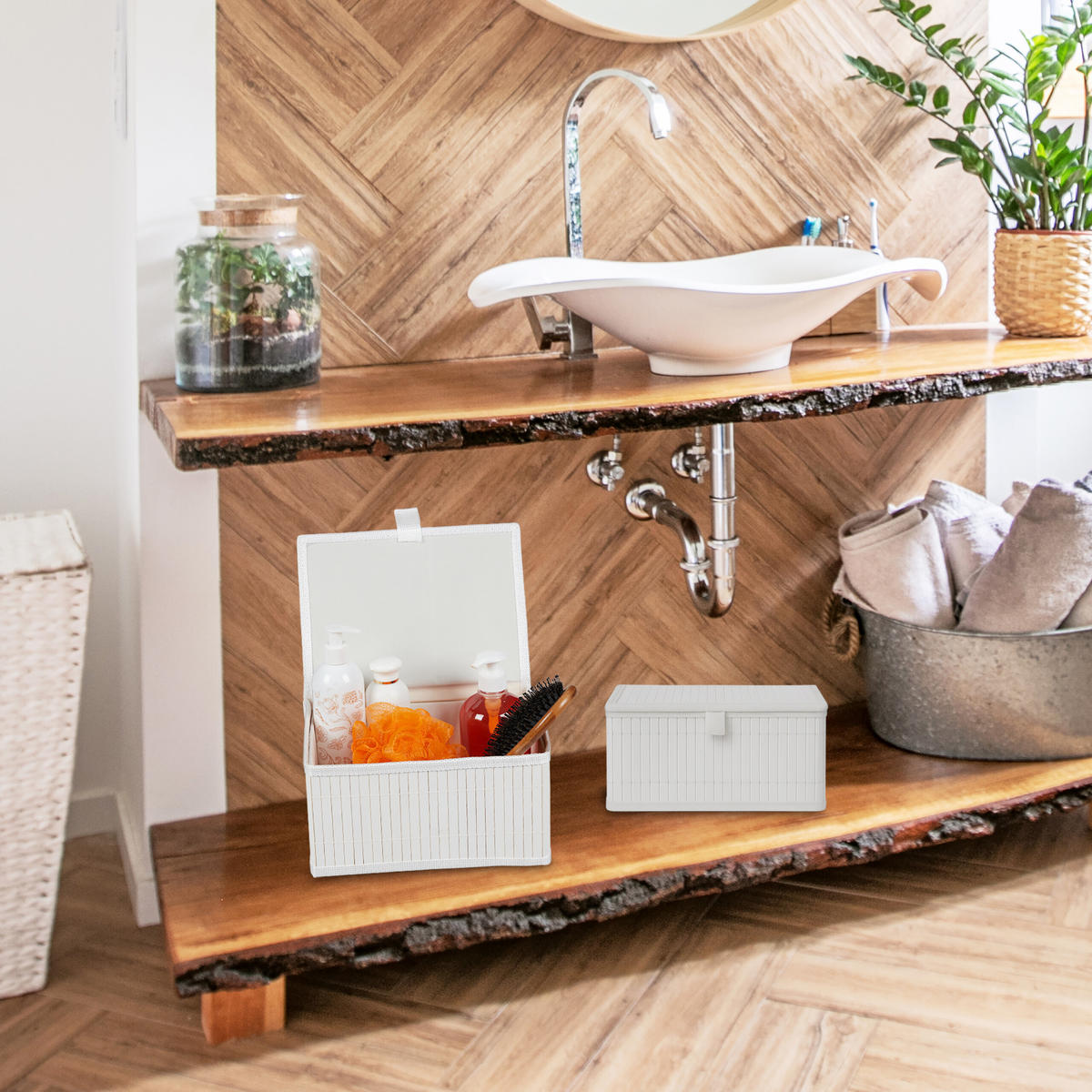 2-TLG.AUFBEWAHRUNGSKORB-SET - Weiß, Holz/Textil (30/14/23cm) - Relaxdays