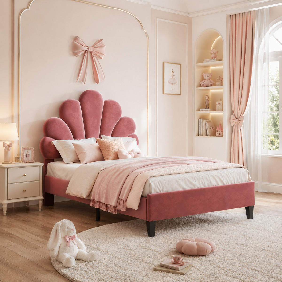 KINDERBETT 90/200 Samt Polsterbett Muschel Kopfteil Jugendbett Rosa - Hellrot, Metall (90/200cm) - Joyfair
