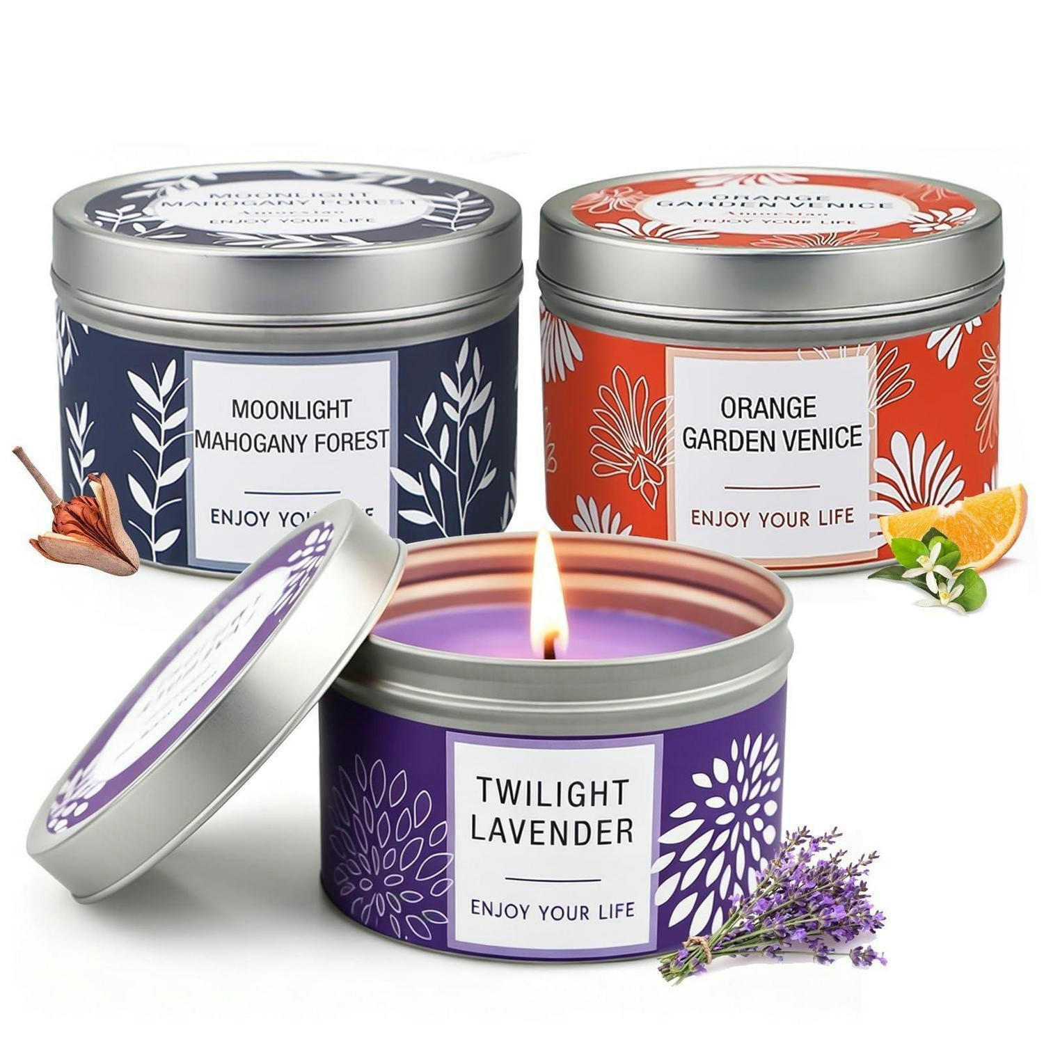 DUFTKERZEN Set 3-teilig Lavendel, Orangenblüte, Mahagoni Forest 100 Stunden Brenndauer - Multicolor, Paraffin (5.8cm)