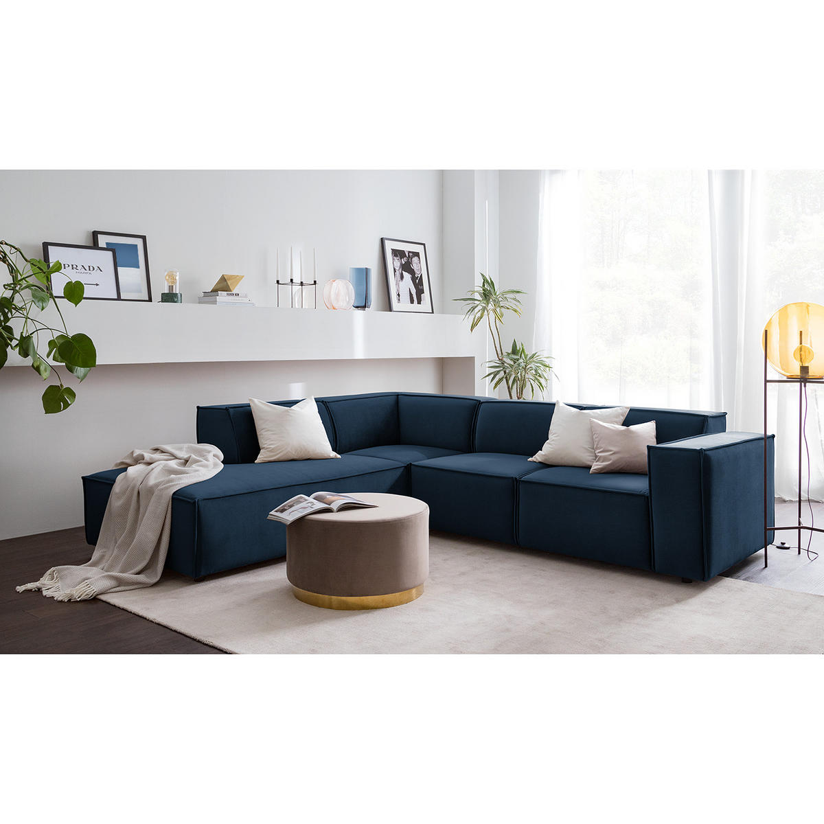 ECKSOFA mit Ottomane - Schwarz/Dunkelblau, Kunststoff/Textil (260/234cm) - home24