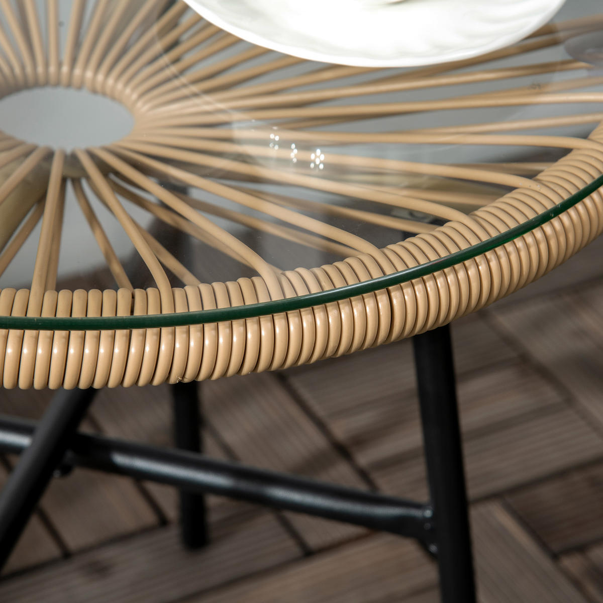 BALKONTISCH, Beige, Eisen, PE-Rattan, Glas - Beige, Kunststoff (50/50/50cm) - Outsunny