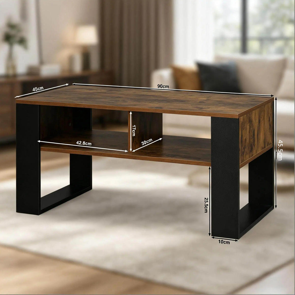 COUCHTISCH aus Holz 90x45x45 cm Schwarz/Rustikalbraun mit 2 offenen Fächern - Schwarz, Holz (90/45/45.5cm) - IVMEU