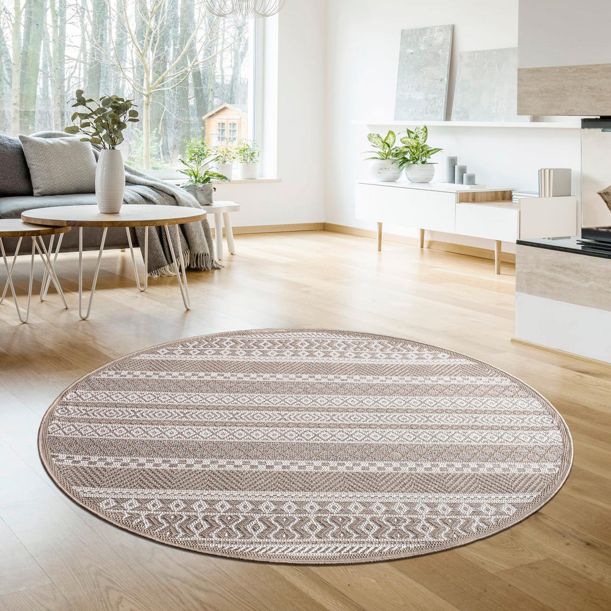 TEPPICH Kurzflor Streifen Boho Wohnzimmer schmutzabweisend Beige Rund 120D - Beige, Textil (120/120cm) - KADIMA DESIGN