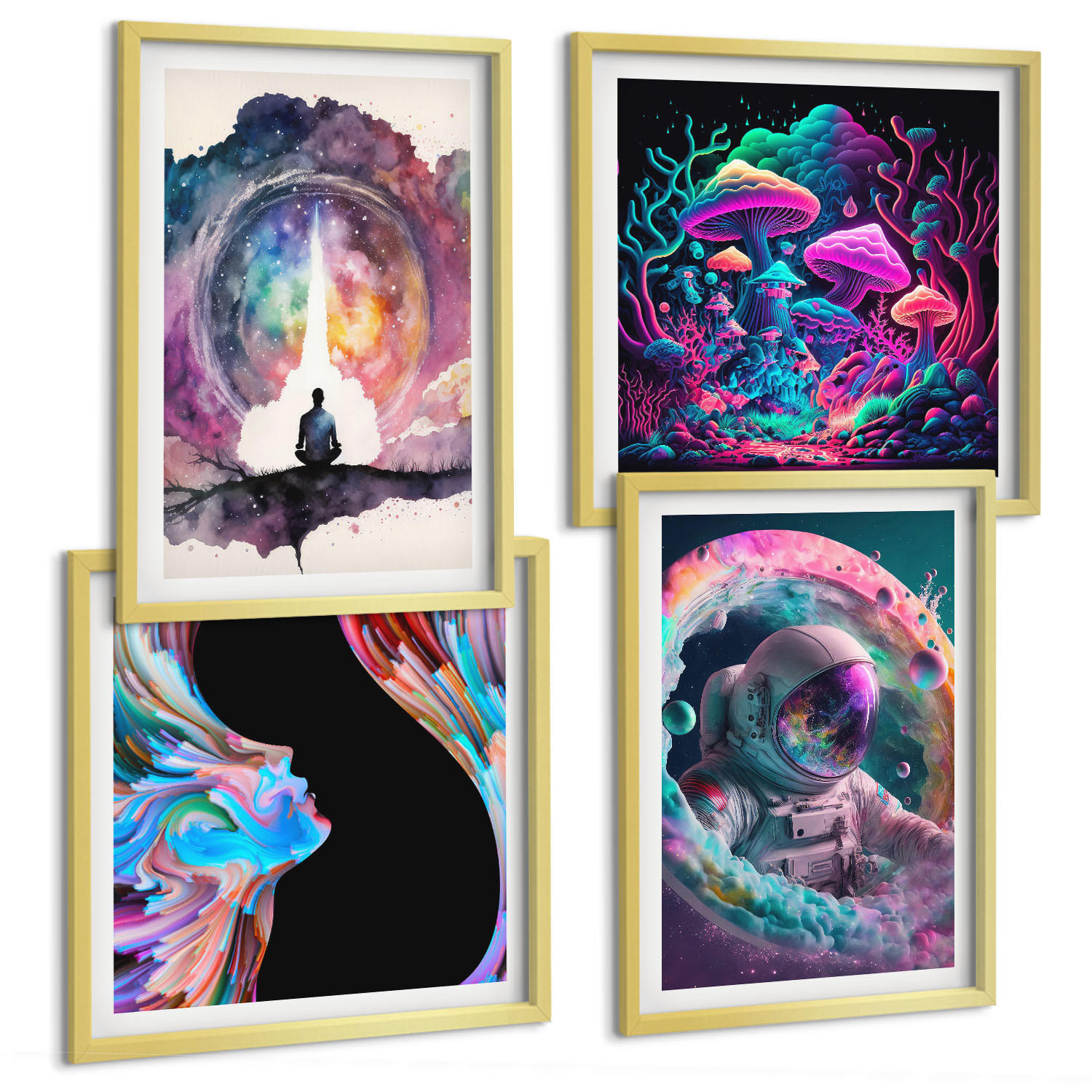 BILDER SET 4er Set - 50x50 cm & 40x60 cm Goldrahmen - Farbenfrohe Fantasy-Kunstillustrationen - Goldfarben, Kunststoff (50/50cm) - TULUP