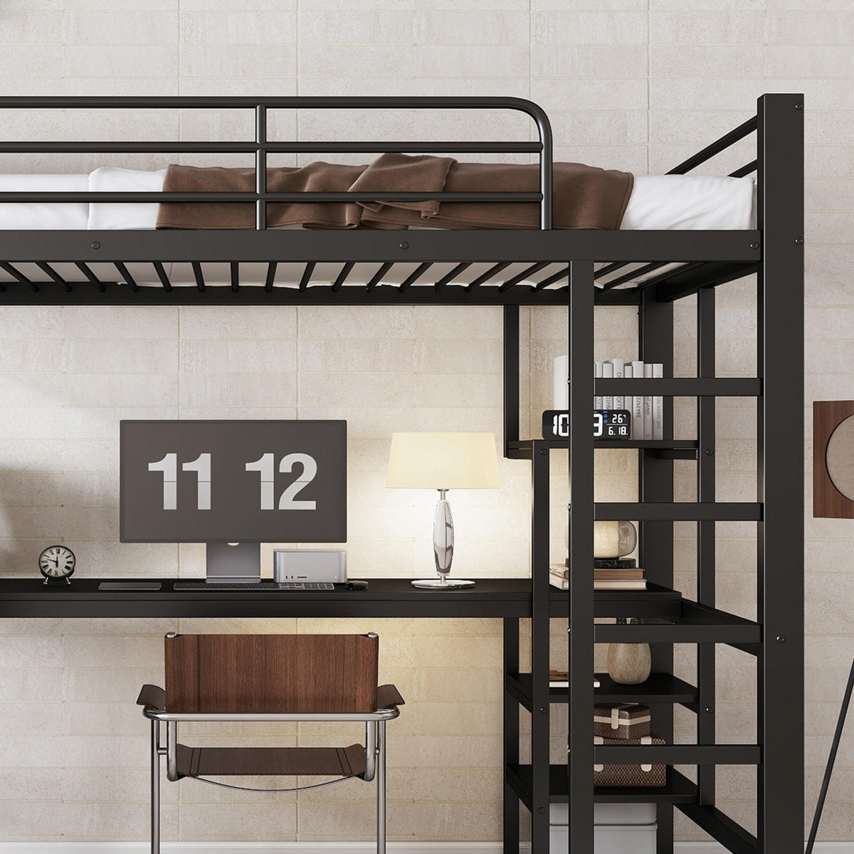 ETAGENBETT aus Metall und MDF 90x200 cm Schwarz mit Schreibtisch, Kleiderschrank, Regalen und 5-stufiger Leiter - Schwarz, Metall (90/200cm) - Modfu