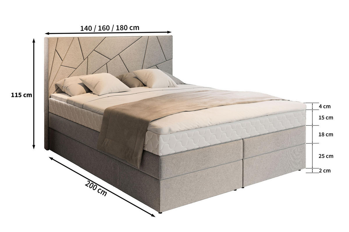 BOXBETT TRANI 180x200 cm mit Matratze und Topper - Grau - Grau, Holz (180/200cm) - MASSENO