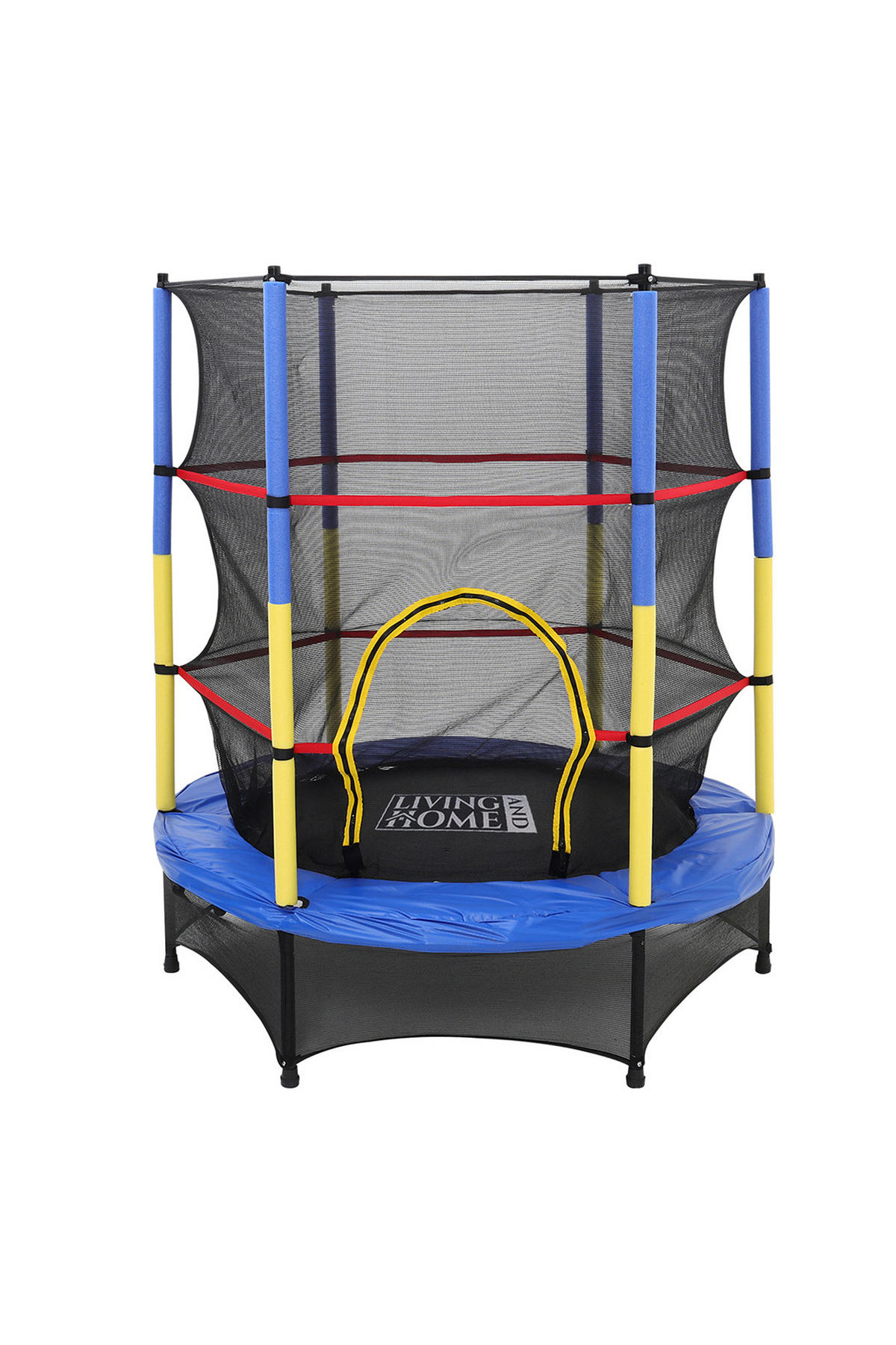 TRAMPOLIN mit Sicherheitsnetz aus Stahl, PP, EPE, Gummiseile in Blau + Gelb + Schwarz für Kinder 137.16 cm Durchmesser x 160 cm Höhe - Schwarz, Metall (137/137/160cm) - Livingandhome