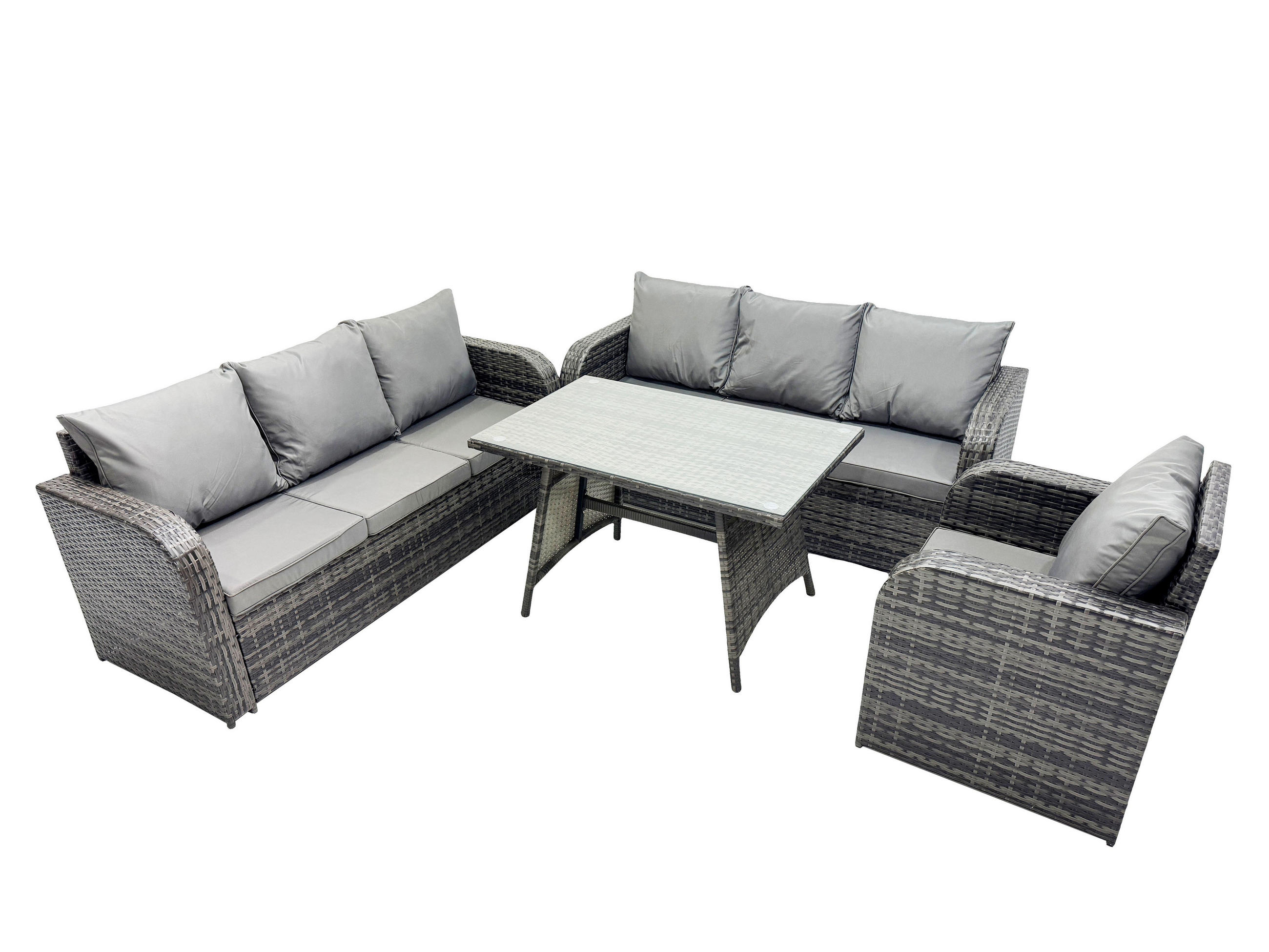 GARTENSET Hohe Rückenlehne Polyrattan 7-Sitzer - Dunkelgrau/Grau, Glas/Kunststoff - Fimous
