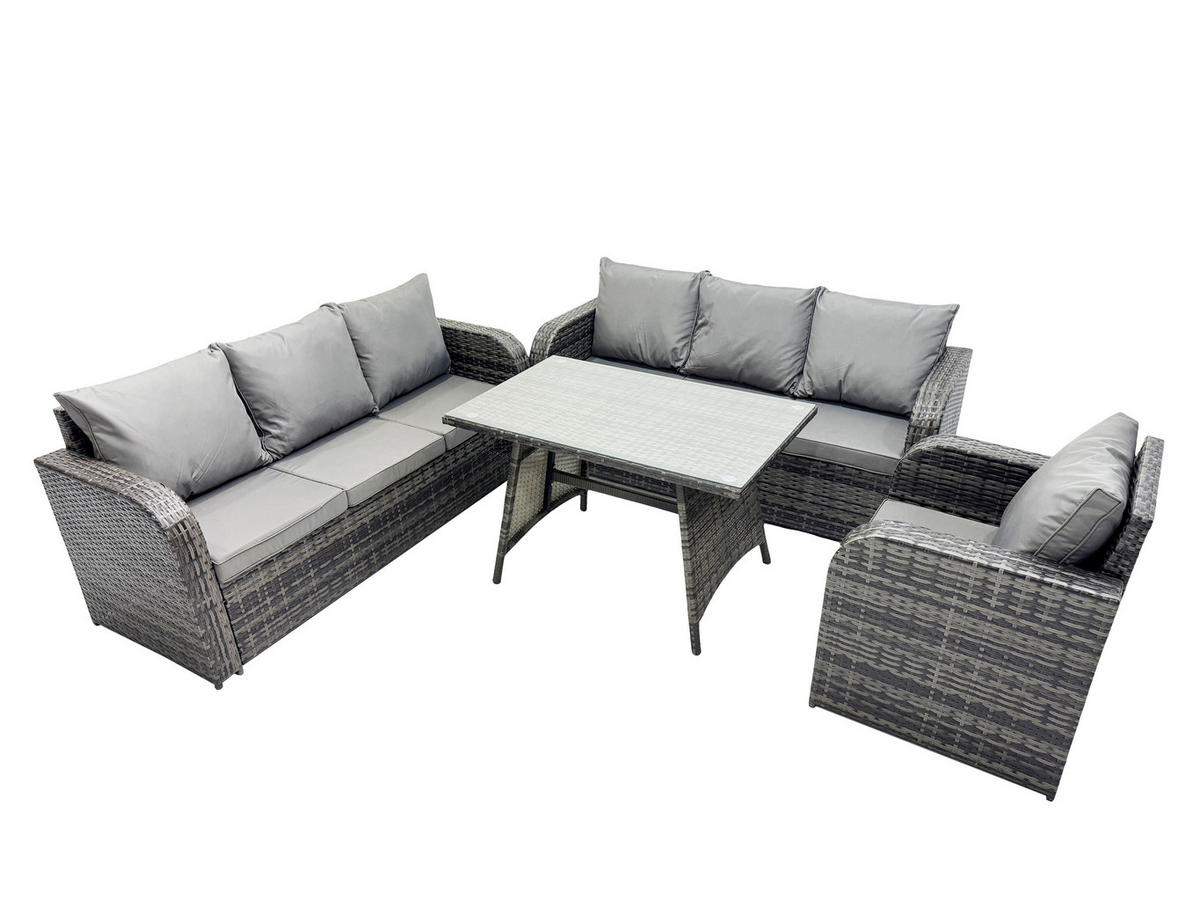 GARTENSET Hohe Rückenlehne Polyrattan 7-Sitzer - Dunkelgrau/Grau, Glas/Kunststoff - Fimous