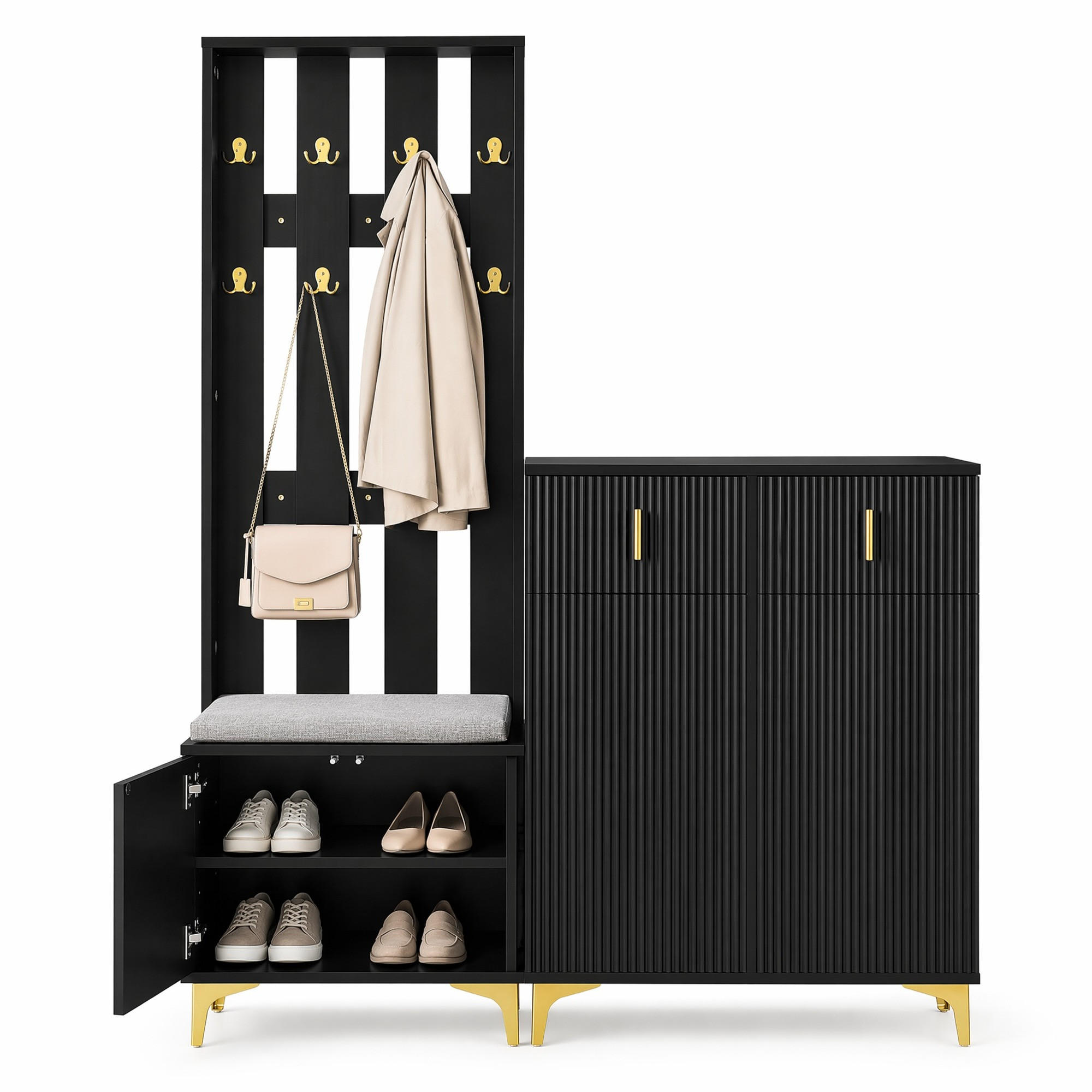 IN Schwarz Kleiderschrank-Set mit Schuhbank und Kissen, Schubladen und Türen, B60.5/T35.2/H180.5cm und B83/T35/H101cm - Goldfarben/Schwarz, Holzwerkstoff/Metall (60.5/180.5/35.2cm) - STILVORA