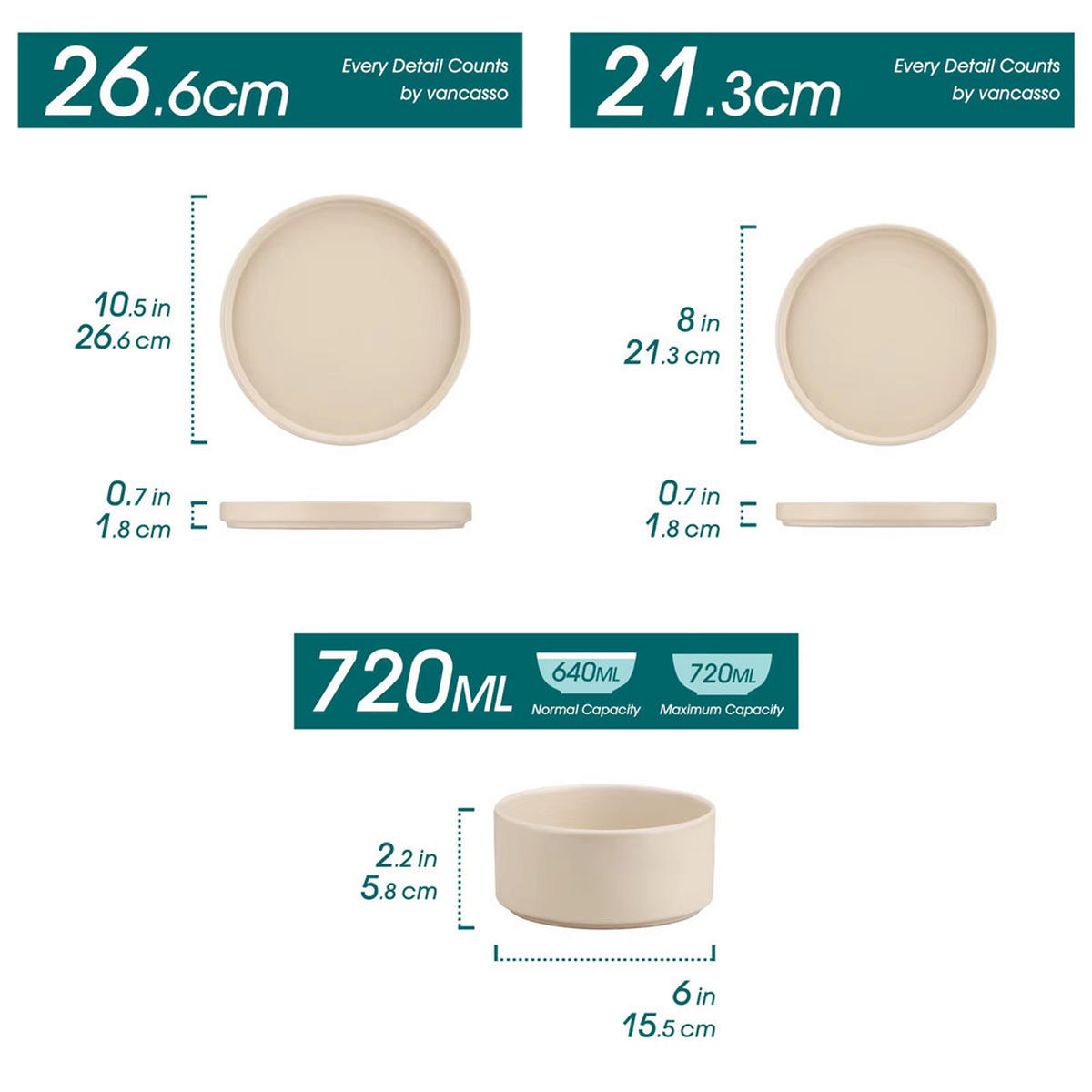 KOMBISERVICE 24-teilig Steinzeug Geschirrset für 8 Personen - Beige, Keramik (26.6/1.8/26.6cm) - Kaket