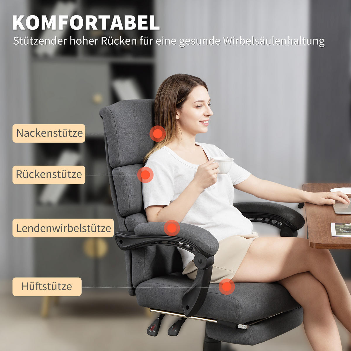BÜROSTUHL, Ergonomischer Schreibtischstuhl mit Kopfkissen Lendenkissen Fußstütze - Dunkelgrau, Textil (56/115/68.5cm) - HOMCOM