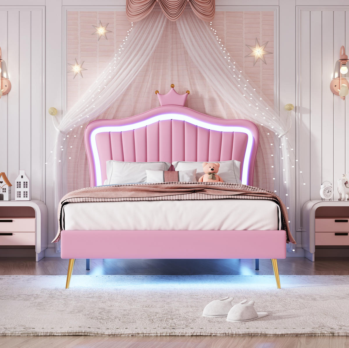 KINDERBETT 90/200 cm mit LED-Beleuchtung, verstellbarem Kopfteil und Muschel-Kronen-Design, Rosa - Pink, Textil (90/200cm) - Redom
