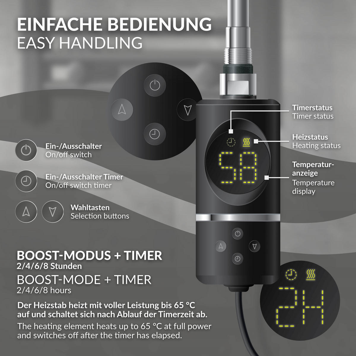 HEIZSTAB 600W Schwarz für Badheizkörper mit Thermostat und Digitalanzeige - Chromfarben, Metall - LuxeBath