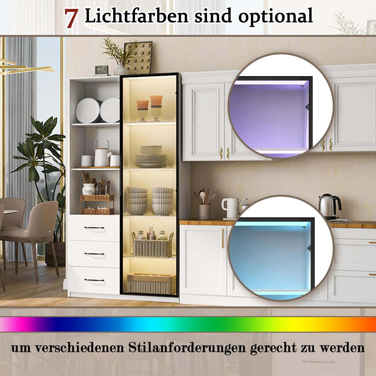 VITRINE 80cm Glas LED Aluminium 3 Schubladen 3 Fächer modern - Weiß, Holzwerkstoff (80/160/40cm) - FLIEKS