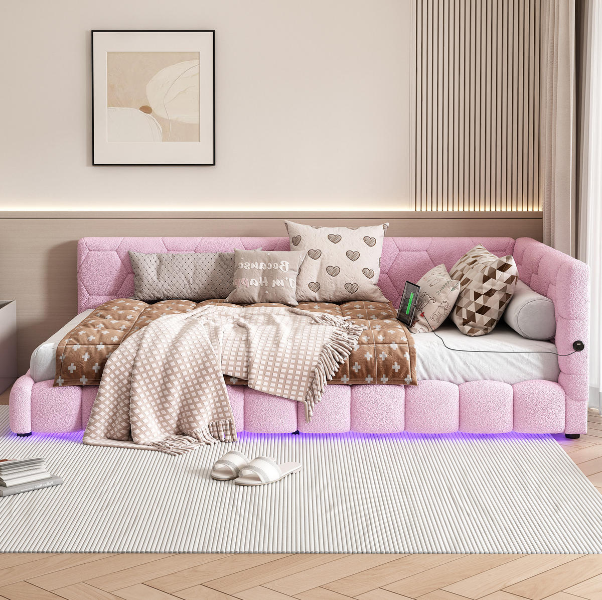 POLSTERBETT aus Samt 90x200 cm in Rosa mit LED & USB-C - Rosa, Textil (90/200cm) - Modfu