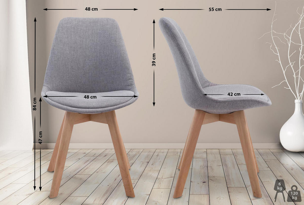 STUHL Stoff grau - Eukalyptusholzfarben/Grau, Holz/Textil (48/84/55cm) - CLP