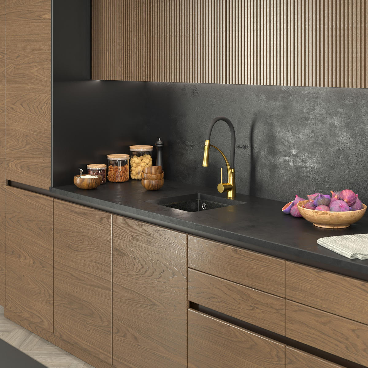 SPÜLBECKEN Napo Schwarz mit goldenen Sprenkeln 42 cm Unterbau 1-tlg. - Schwarz, Stein (42/42/20cm) - Granitan