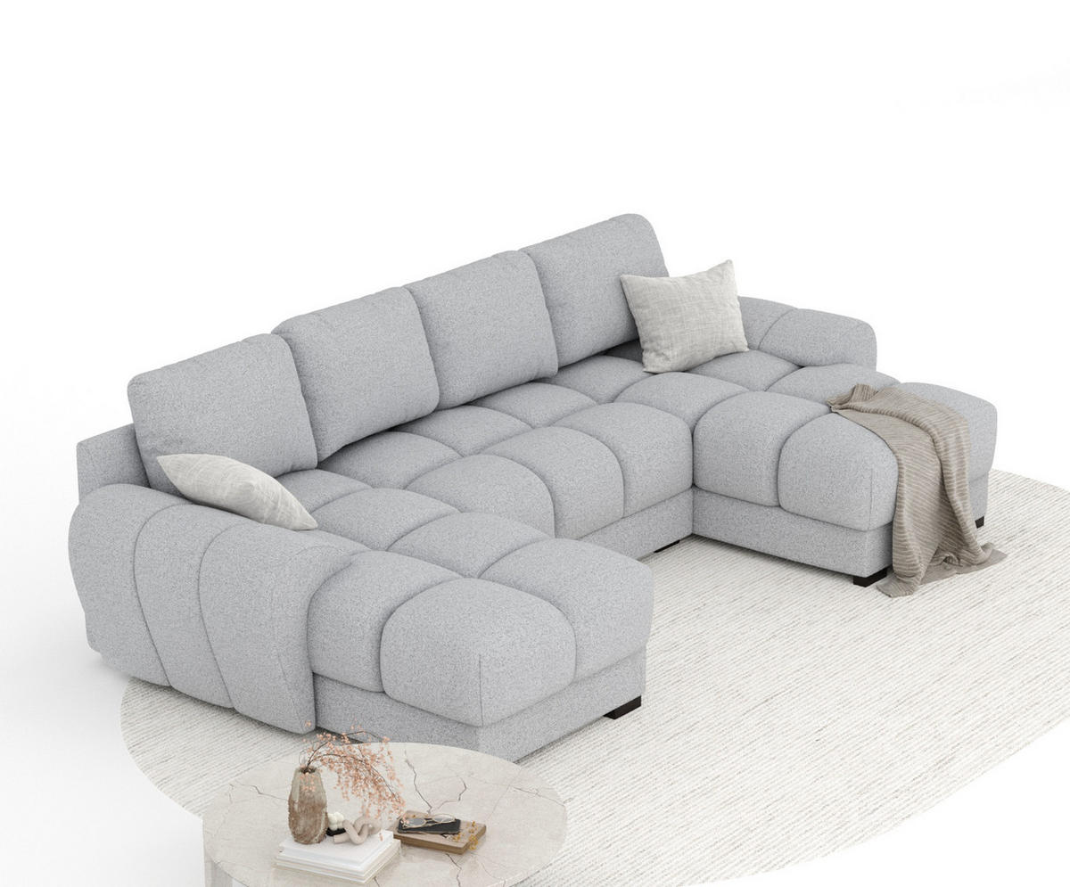 WOHNLANDSCHAFT Peebles Hellgrau Webstoff - Hellgrau/Schwarz, Holz/Holzwerkstoff (330/90/175cm) - Maison de Reve