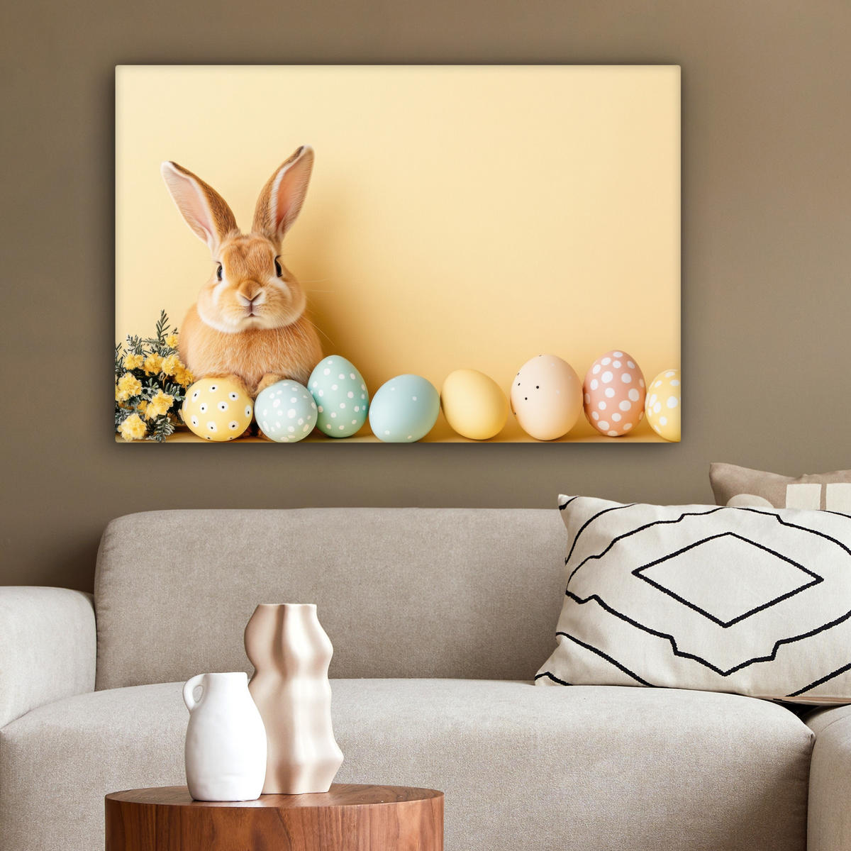 LEINWANDBILD Eier - Kaninchen - Pastellfarbtöne Wanddeko 90x60 cm - Hellgelb, Textil (90/60cm) - MuchoWow