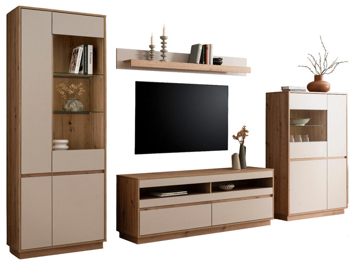 WOHNWAND Kaschmir, Artisan Eiche 4-teilig 342 cm, Schrankwand mit Soft-Close - Kaschmir/Eiche Artisan, Glas/Holzwerkstoff (342/205/45cm) - Furn.Design