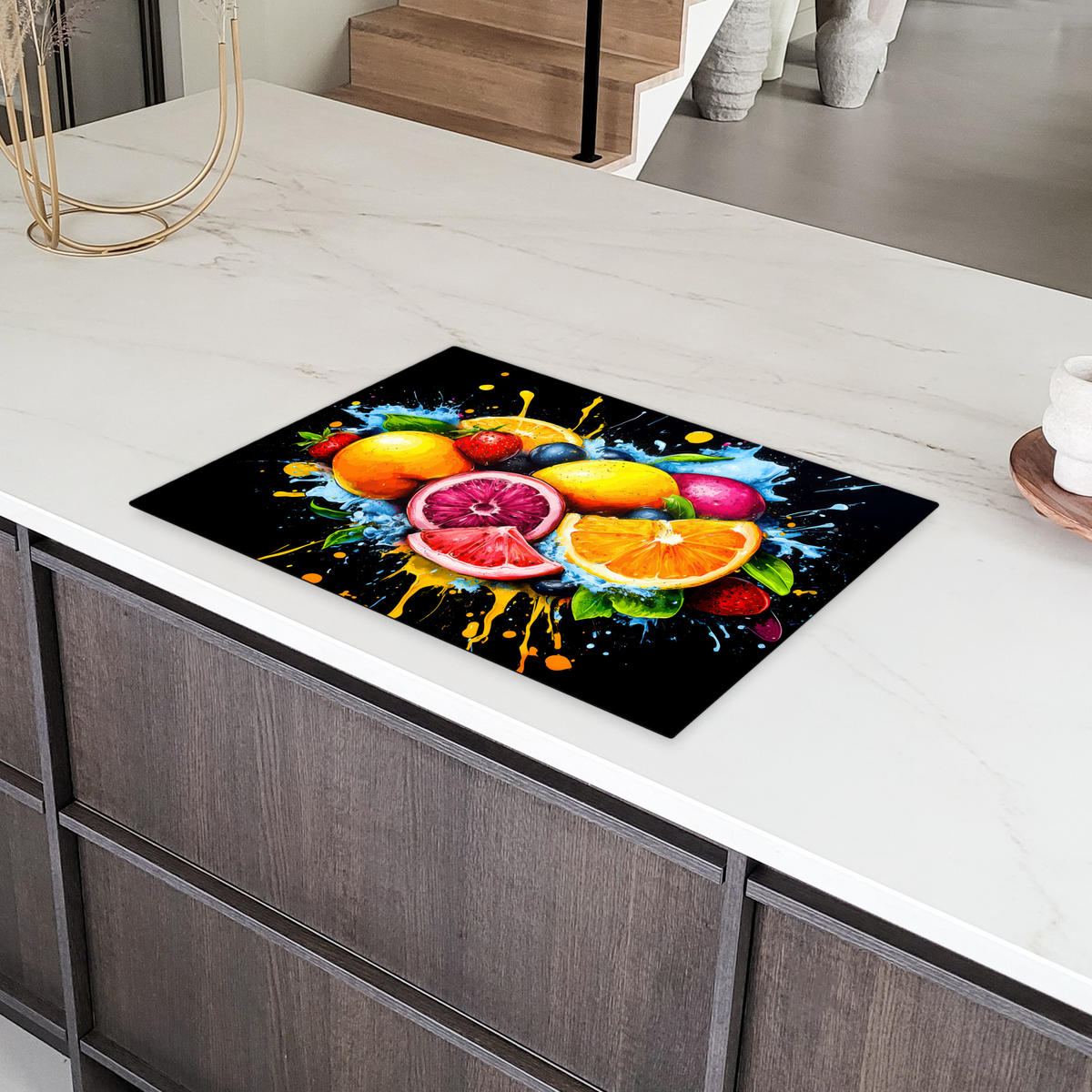 HERDABDECKPLATTE Obst - Graffiti - Bunt - Orange - Erdbeere - Abstrakt 75x52 cm - Orange, Kunststoff (75/0.2/52cm) - MuchoWow